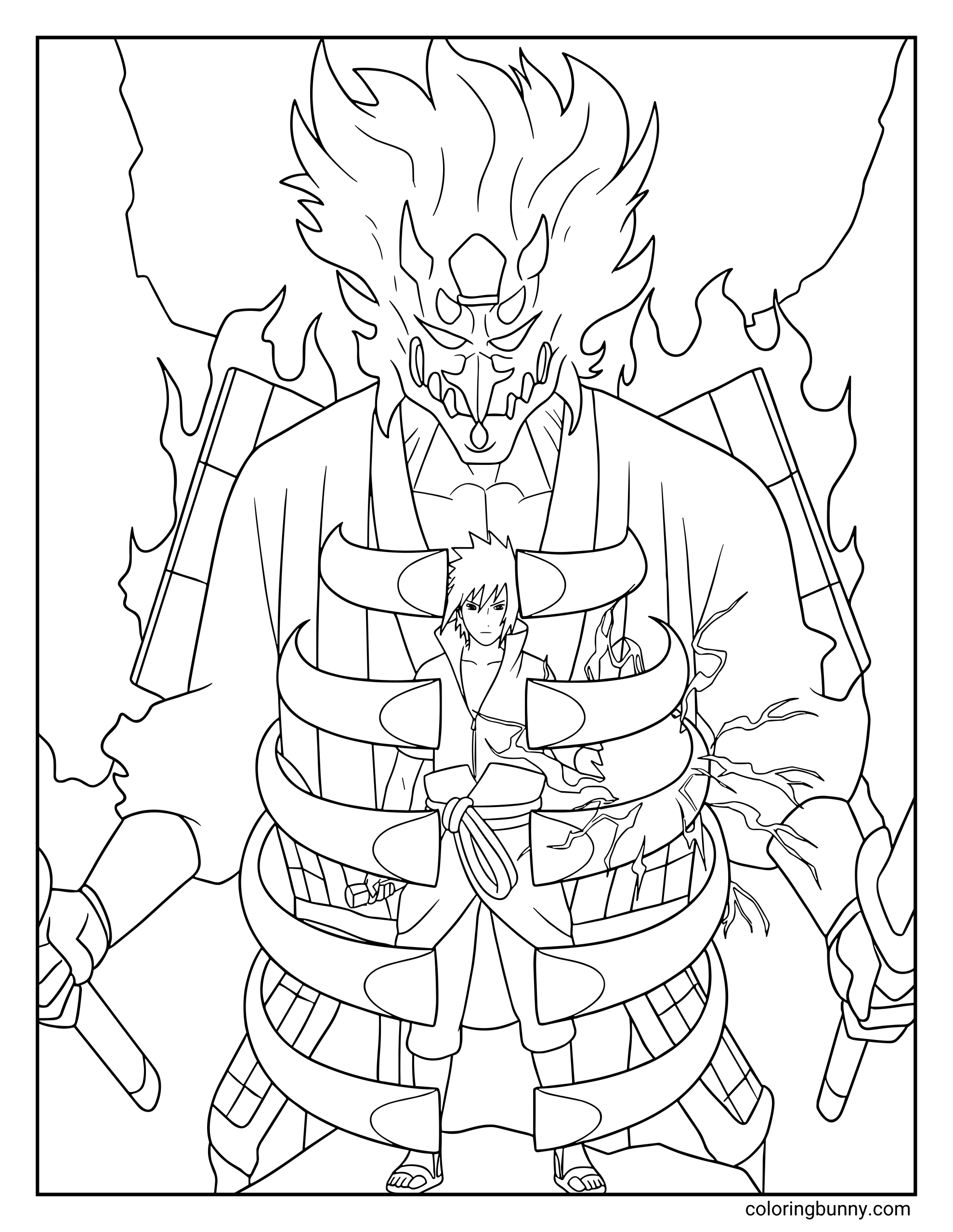 A Naruto coloring page featuring Sasuke Uchiha standing in front of his towering Susanoo spirit warrior. The massive armored guardian surrounds him with protective energy while Sasuke channels lightning chakra, representing the powerful Mangekyō Sharingan ability from Naruto: Shippuden.