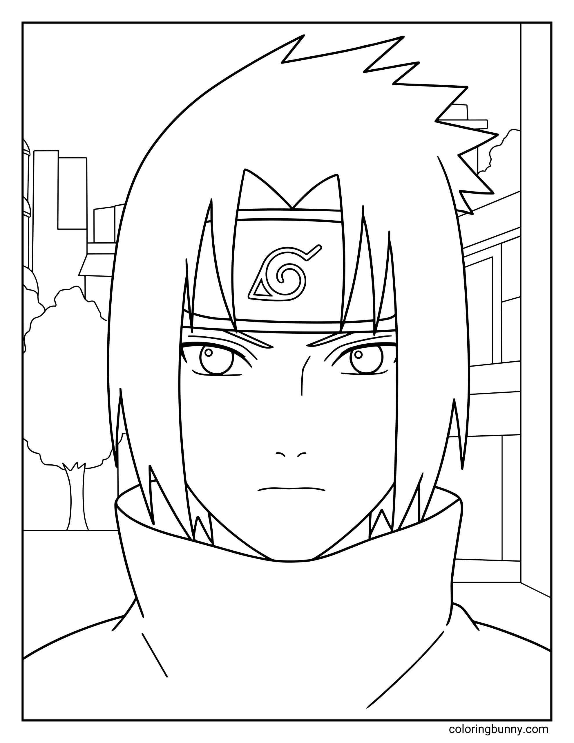 A Naruto coloring page featuring Sasuke Uchiha in a close-up portrait with his spiky hair, serious gaze, and Hidden Leaf headband. The calm village background represents the Hidden Leaf Village from the anime Naruto, highlighting Sasuke’s focused and determined personality as one of the most powerful members of the Uchiha clan.