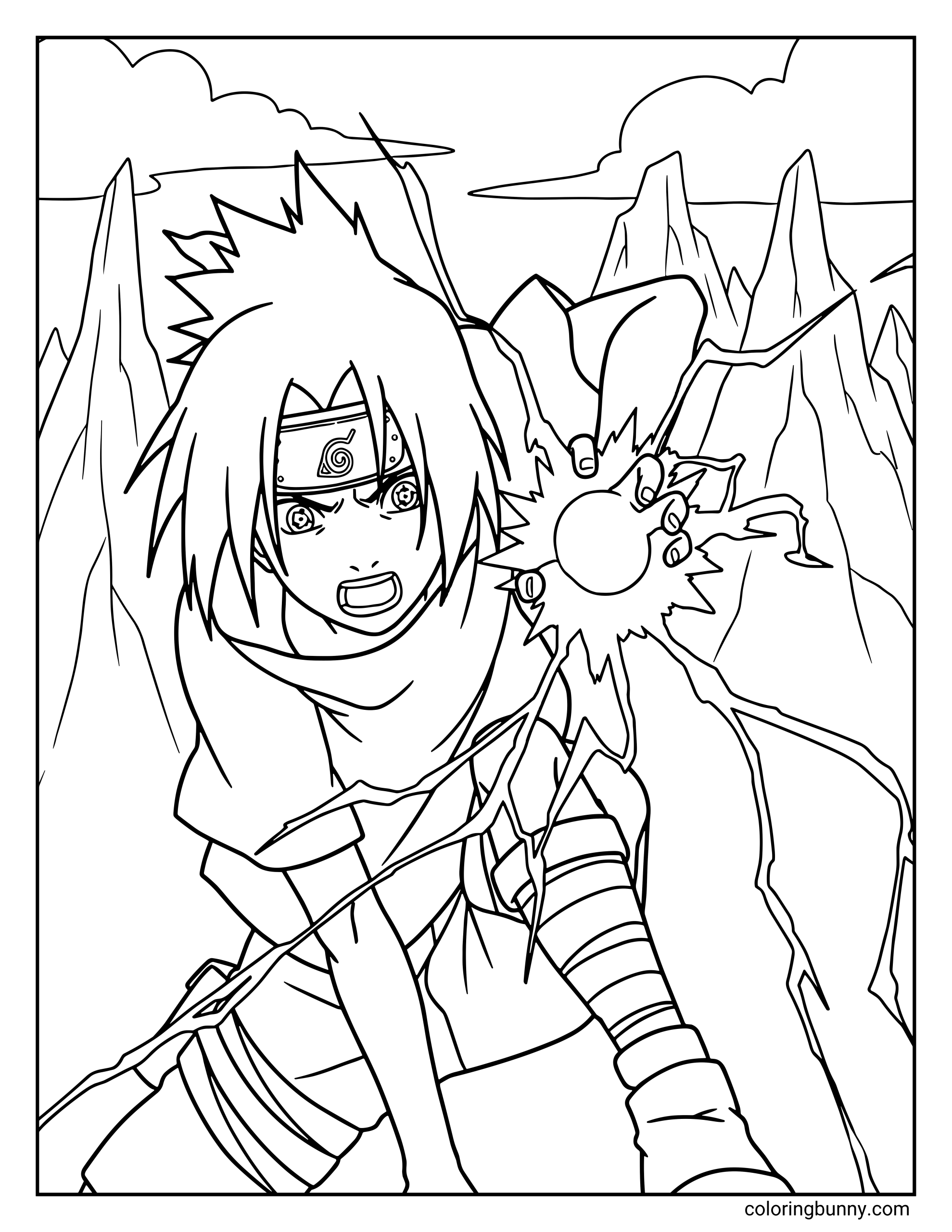 A Naruto coloring page featuring Sasuke Uchiha charging forward while unleashing the lightning-based Chidori technique from his hand. Sparks of electricity surround the glowing energy sphere as Sasuke attacks with intense focus, showcasing the powerful jutsu taught to him by Kakashi Hatake in the anime Naruto.