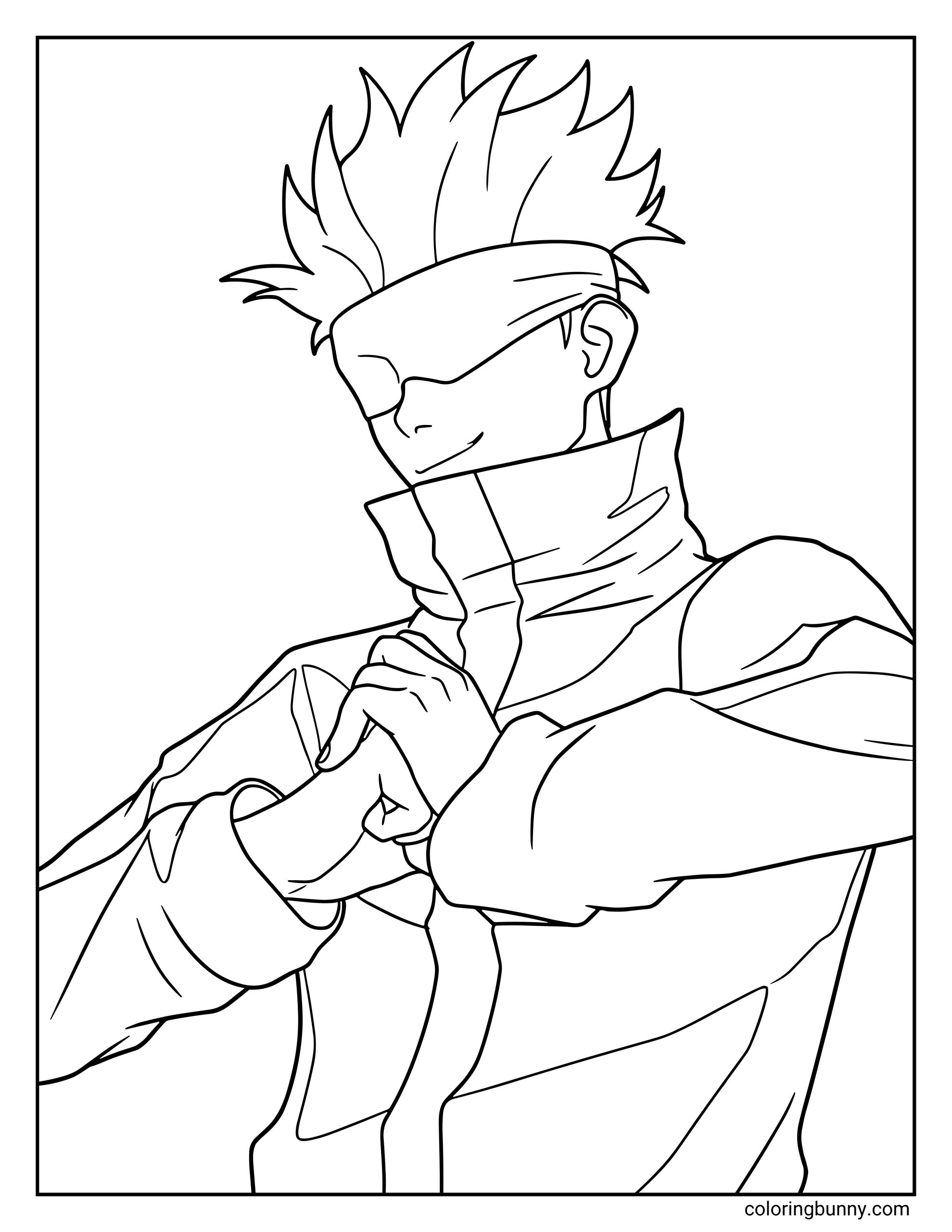 A Jujutsu Kaisen coloring page featuring Satoru Gojo, the powerful special grade sorcerer, wearing his signature blindfold and high-collar Jujutsu High uniform. Gojo stands confidently with his hands forming a technique gesture, his spiky hair and relaxed smirk showing the calm confidence of the strongest sorcerer.