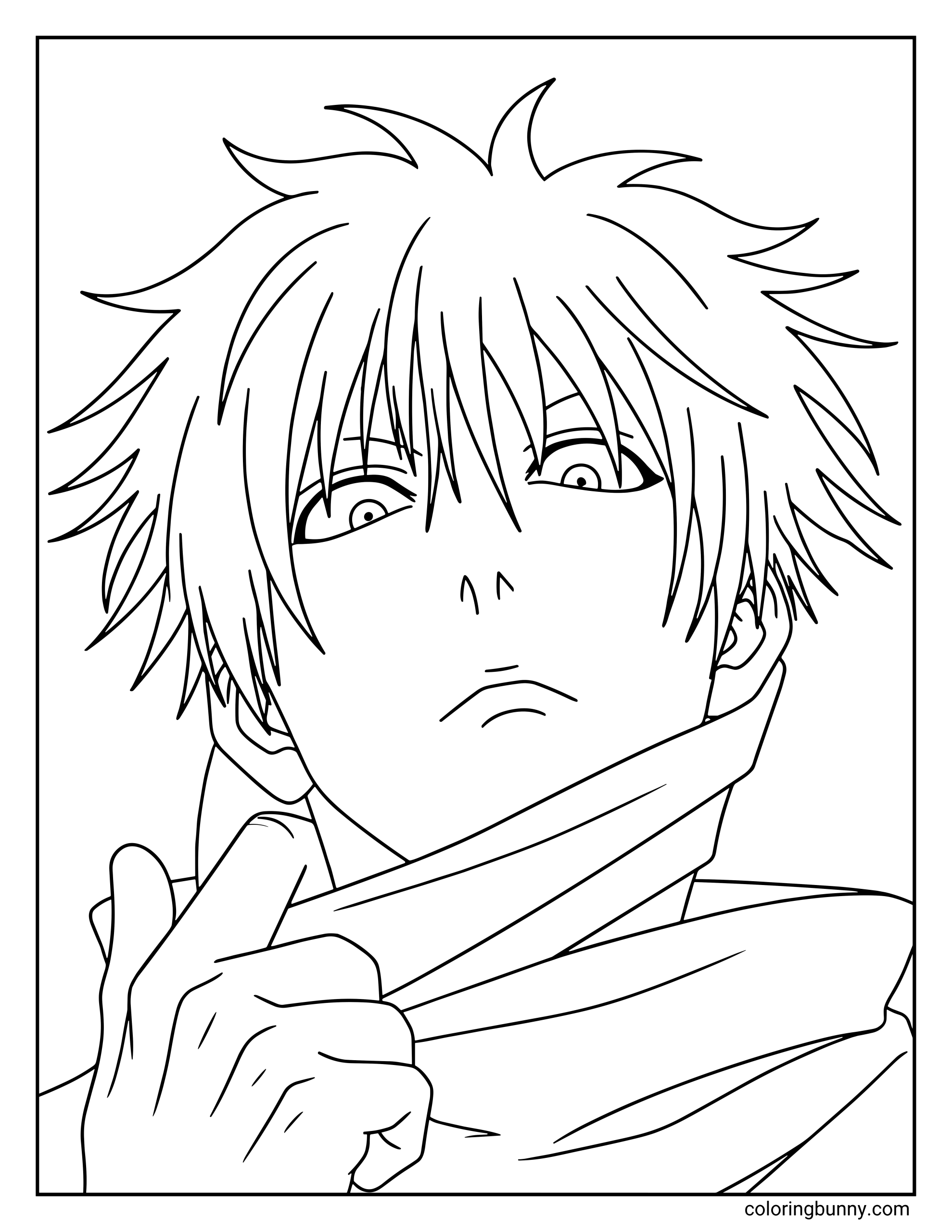 A Jujutsu Kaisen coloring page featuring Satoru Gojo removing his blindfold, revealing his calm yet intense gaze beneath his messy white hair. The powerful sorcerer lifts the blindfold slightly with one hand while wearing his high-collar Jujutsu High uniform, hinting at the overwhelming power of his Six Eyes ability.
