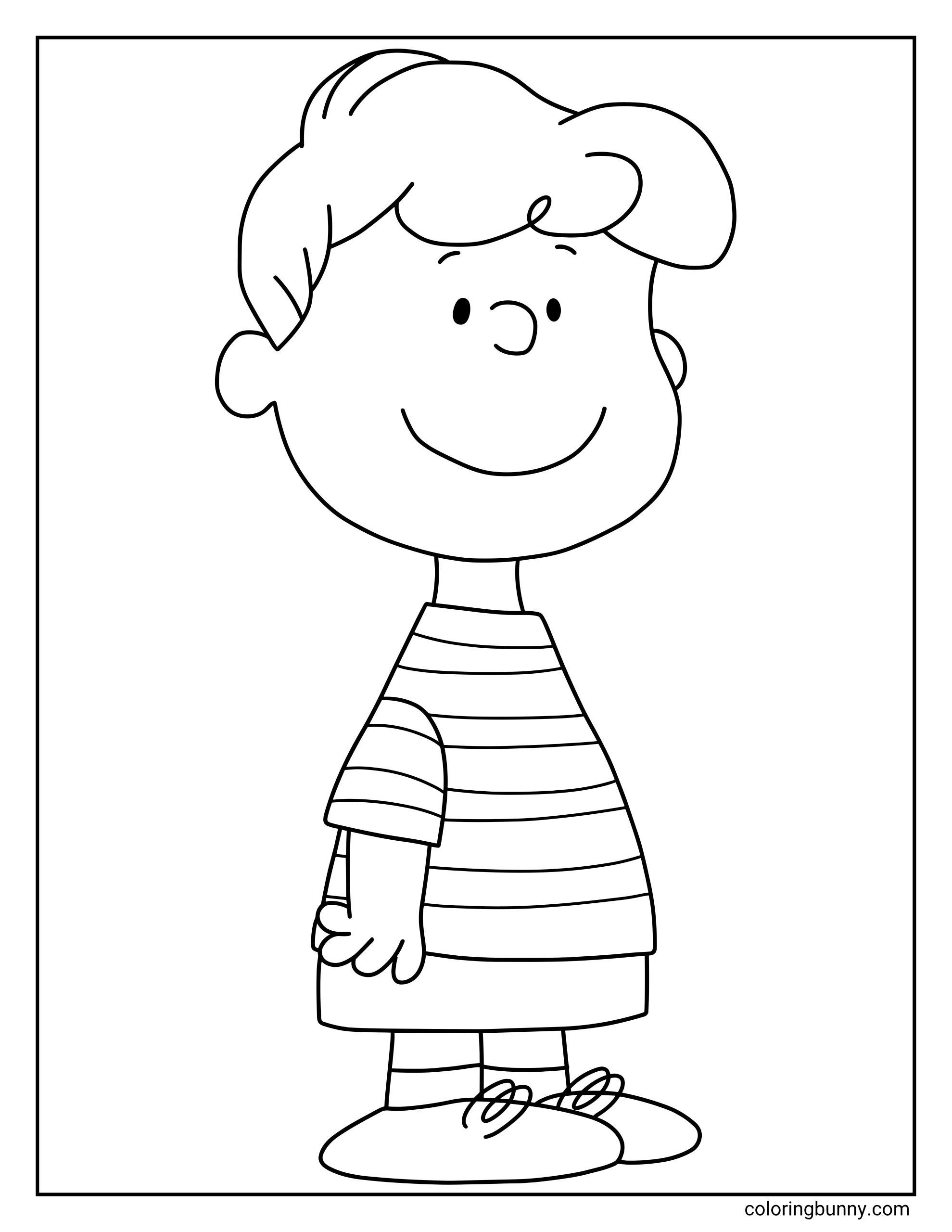 Schroeder coloring page showing the Peanuts character Schroeder standing alone with a smile, wearing his striped shirt, shorts, socks, and shoes in a simple black-and-white outline design.
