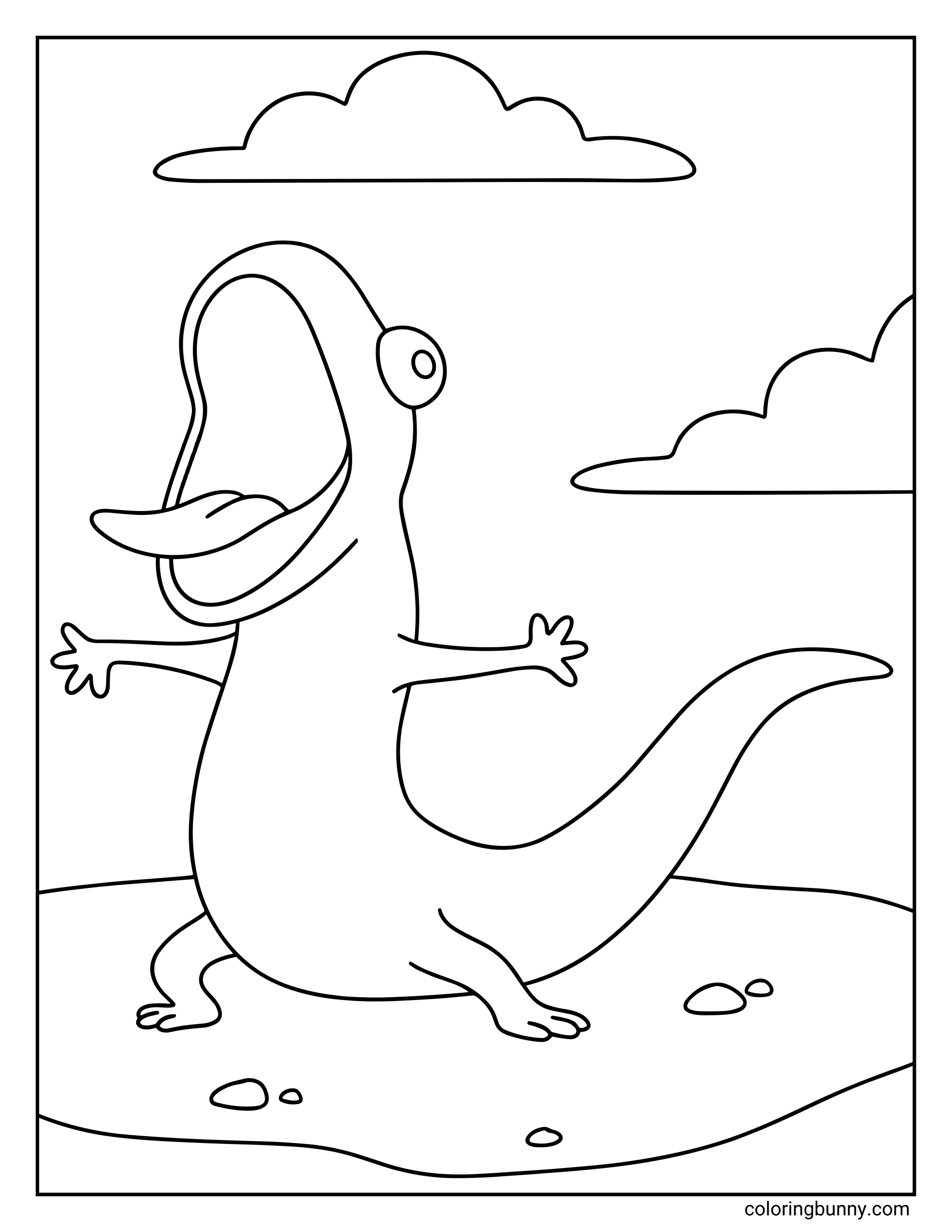 A Hoppers coloring page showing Tom the lizard standing on rocky ground with his mouth wide open screaming. His long tail curves behind him while fluffy clouds float in the sky, capturing Tom’s energetic and expressive personality.