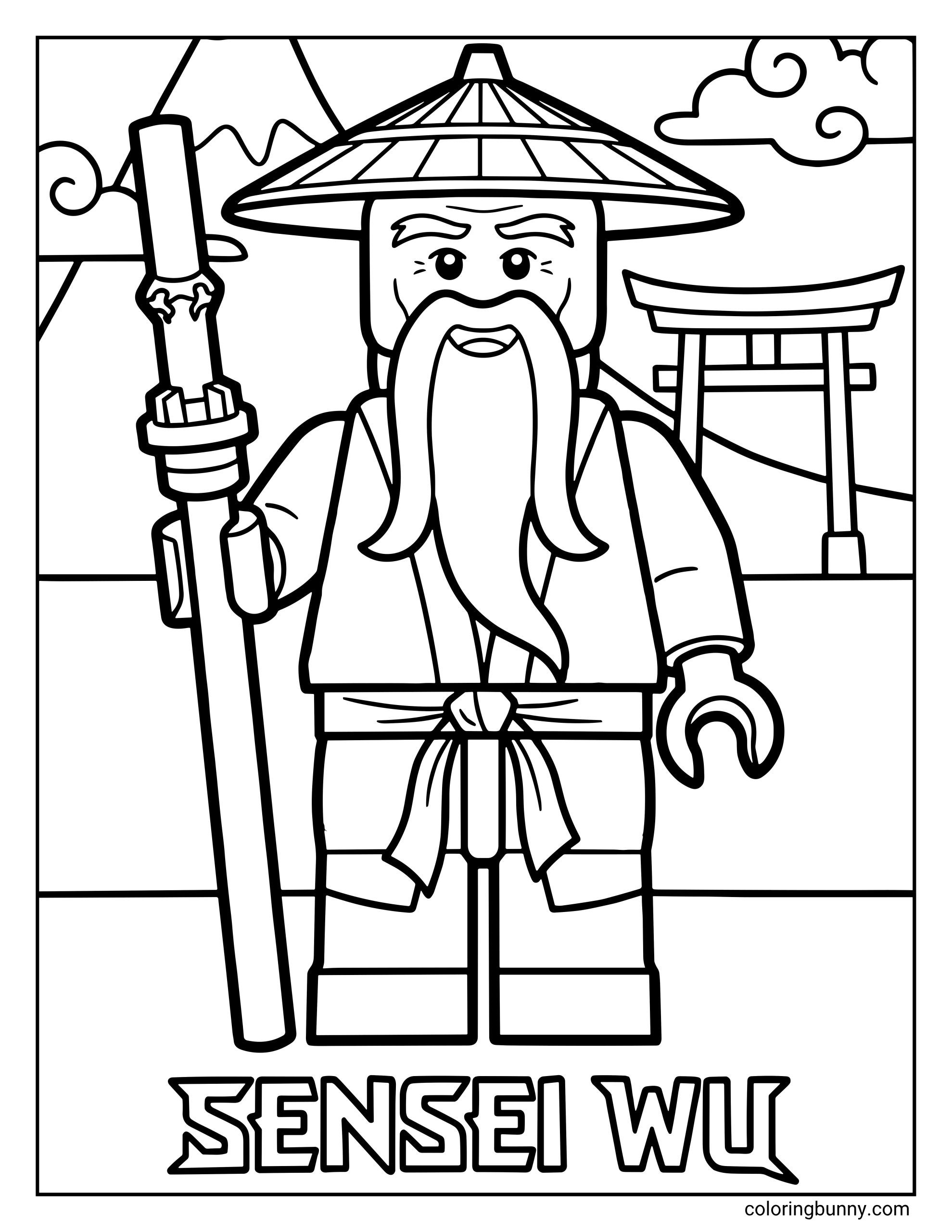 A LEGO Ninjago coloring page of Sensei Wu holding his staff in front of a serene mountain landscape and a traditional torii gate. His name is written in a bold font at the bottom of the page beneath his long beard and conical hat.