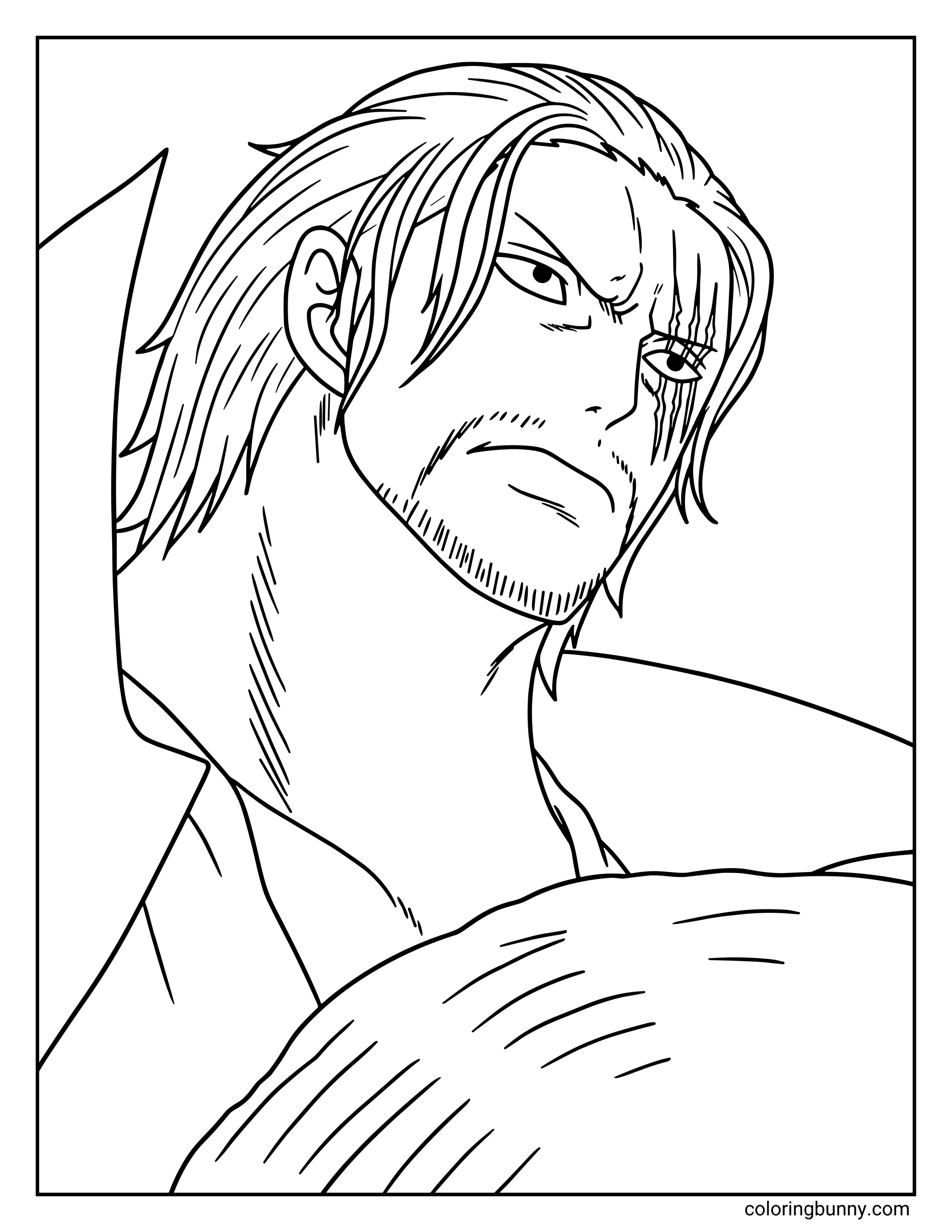 A Shanks One Piece coloring page showing the powerful Red-Haired Pirate captain looking serious with his distinctive scar across his left eye. With his long hair, light stubble, and cloak draped over his shoulder, Shanks stands with a calm but commanding presence.