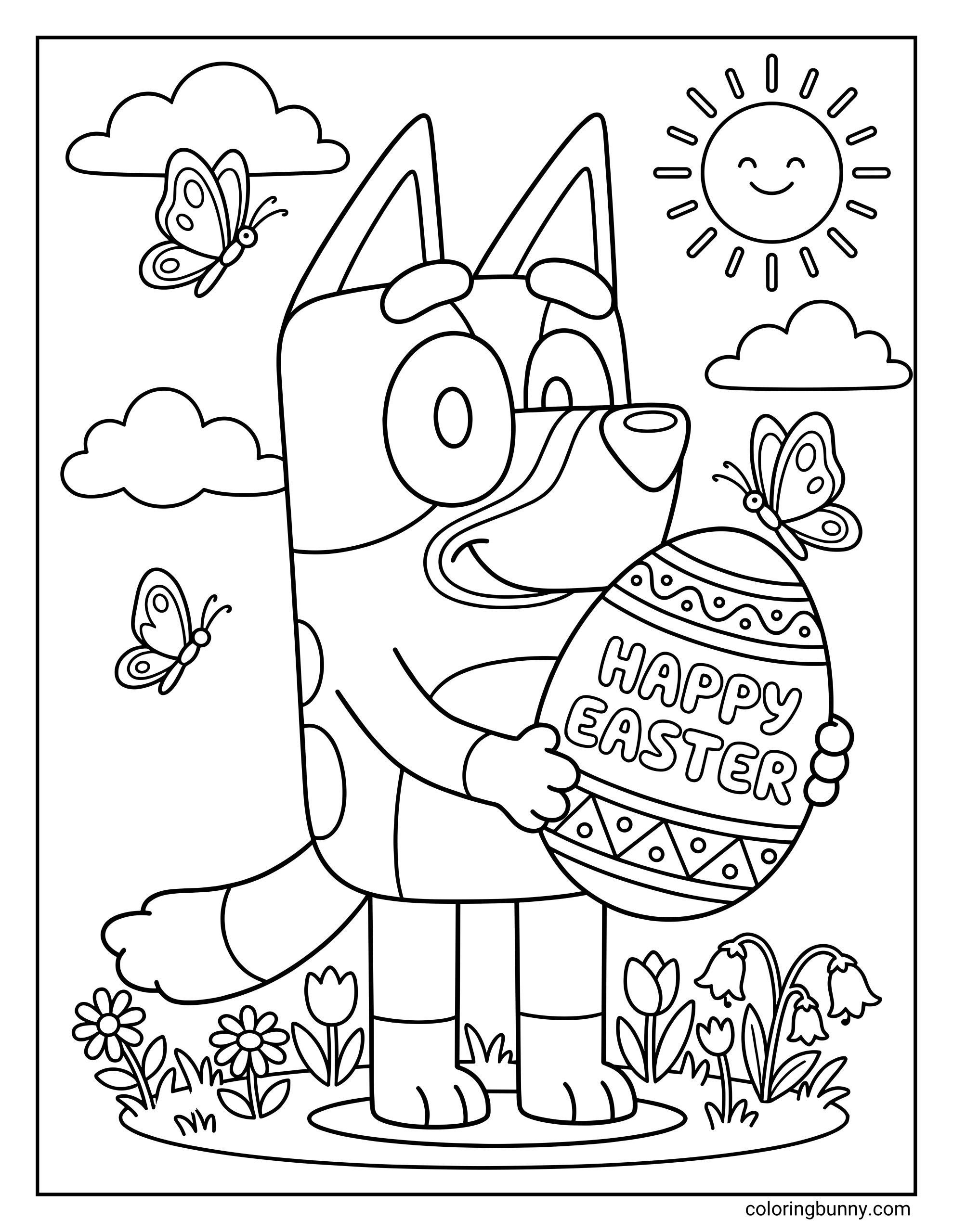 A Bluey Easter coloring page showing Bluey standing outdoors and holding a big decorated Easter egg with βHappy Easterβ written on it, surrounded by butterflies, clouds, flowers, grass, and a smiling sun.