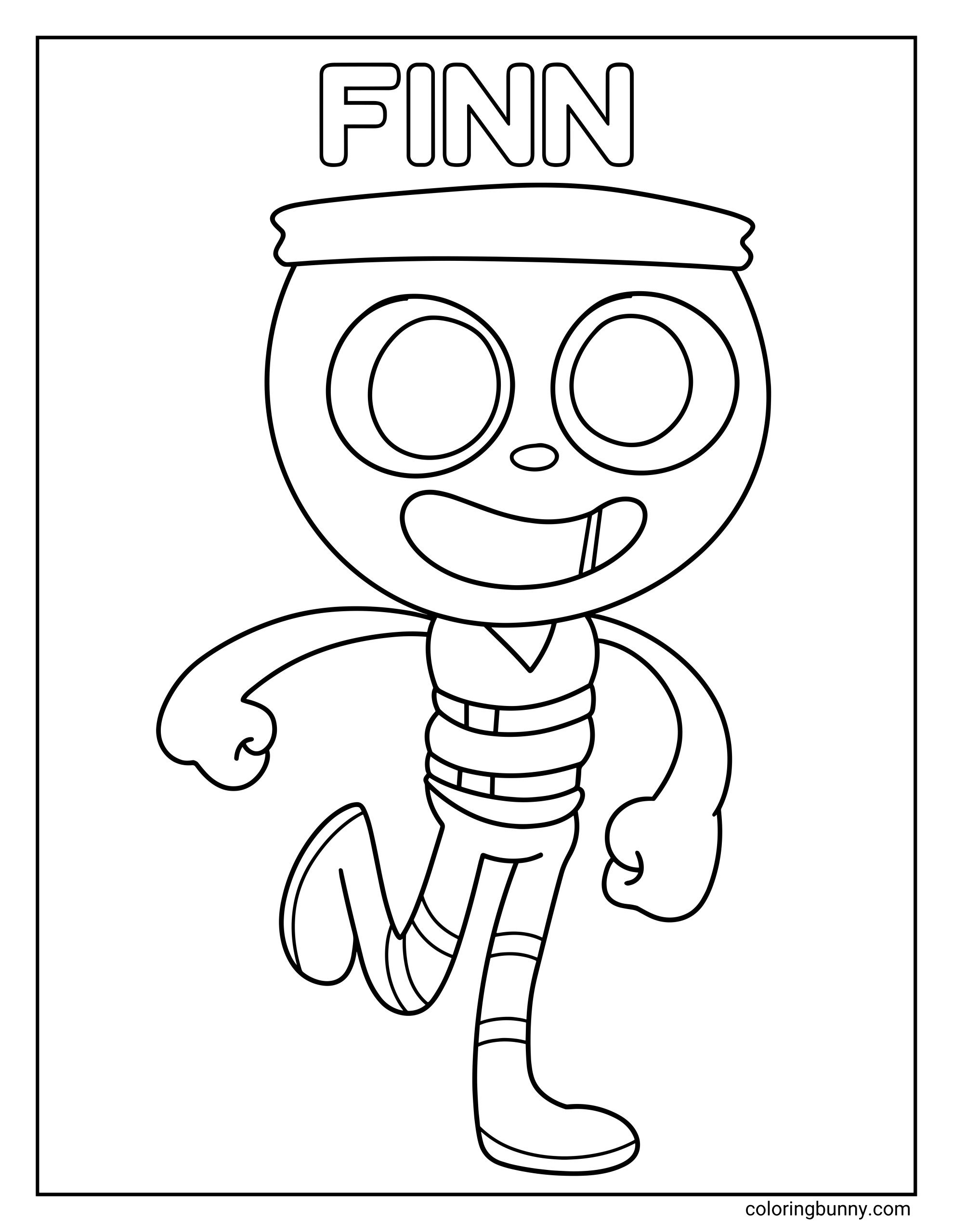 A coloring page of Finn from Dandy’s World in a lively running pose, with a round head, big shiny eyes, a wide grin, striped limbs, oversized hands, and simple sporty details beneath the name “FINN” at the top.