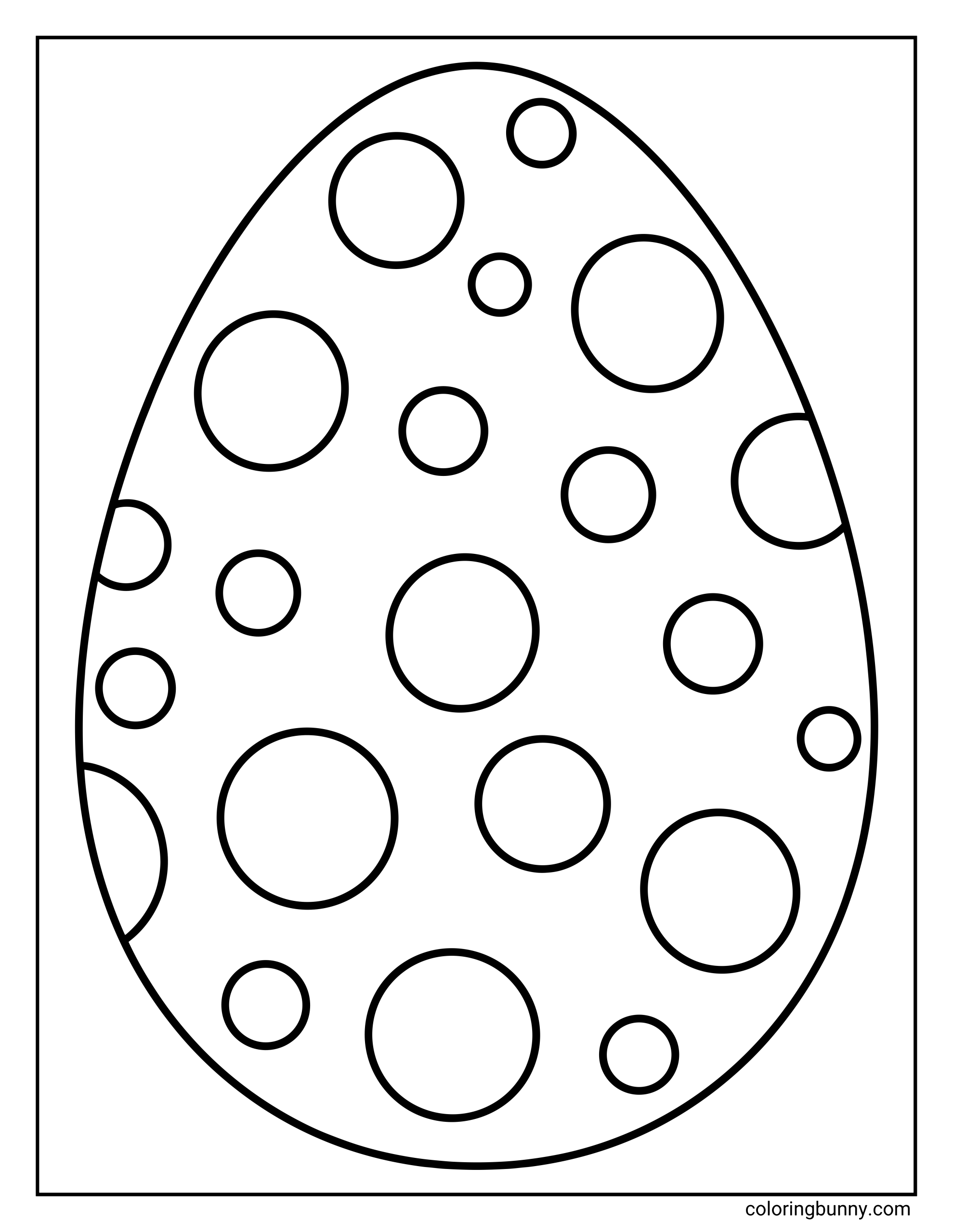An easy coloring page of a large Easter egg covered in circles of different sizes, creating a fun polka dot pattern for kids to color.