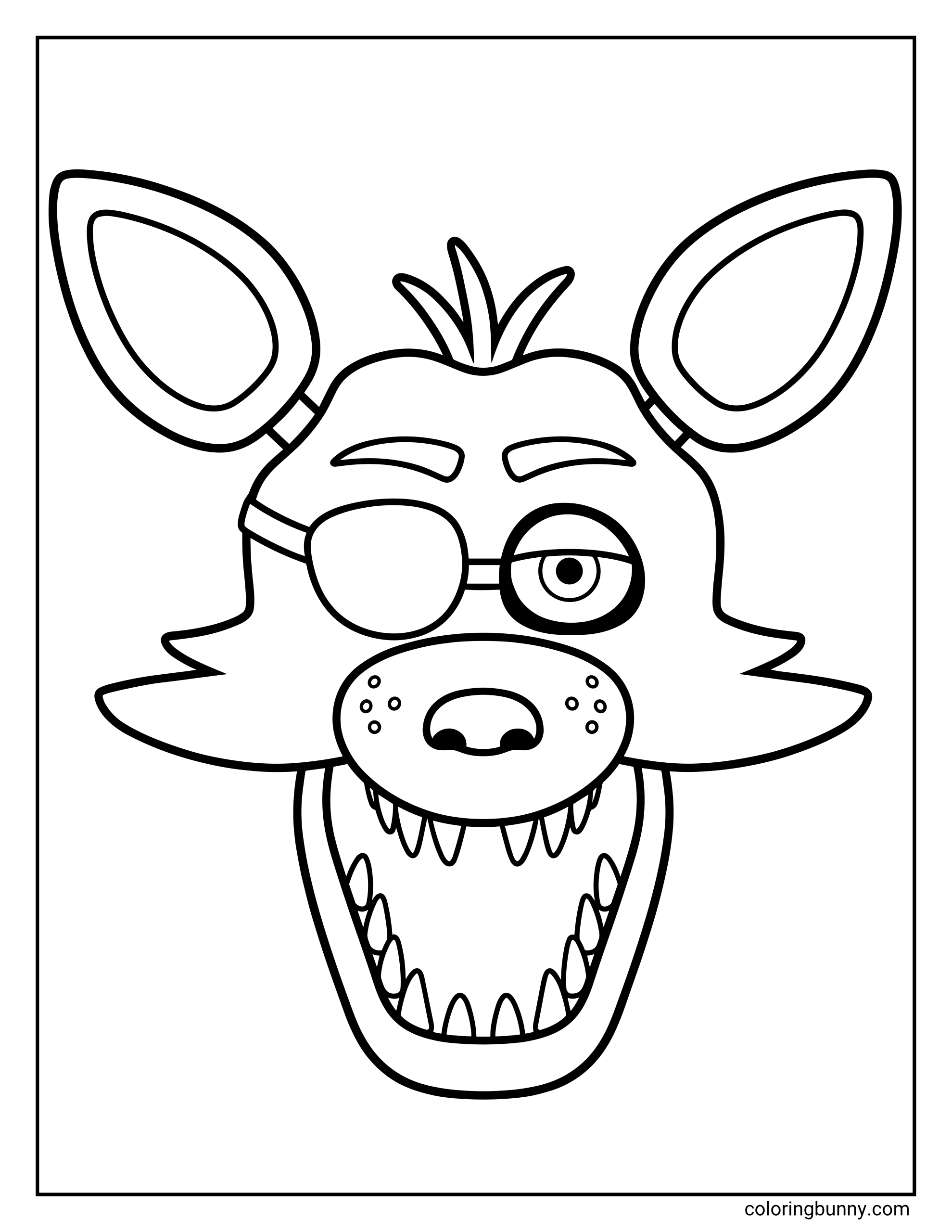 Simple FNAF coloring sheet showing the face of Foxy the Pirate. The drawing highlights Foxyβs wide-open jaw with several sharp teeth, a round nose with whisker spots, and a signature eye patch. The character has a friendly yet mischievous expression with three small tufts of hair sticking up at the top.