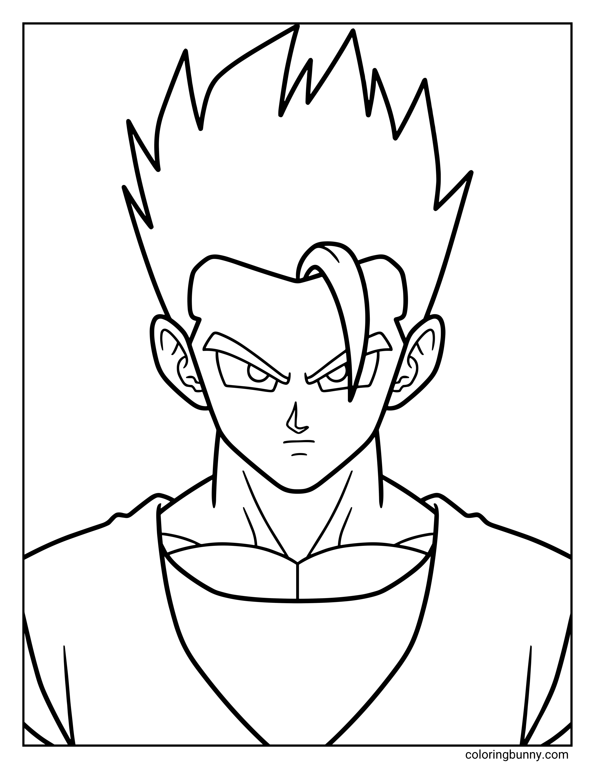 A Dragon Ball Z coloring page featuring Gohan in a simple close-up portrait. The young Saiyan warrior looks focused and determined, with his spiky hair and serious expression ready for battle.