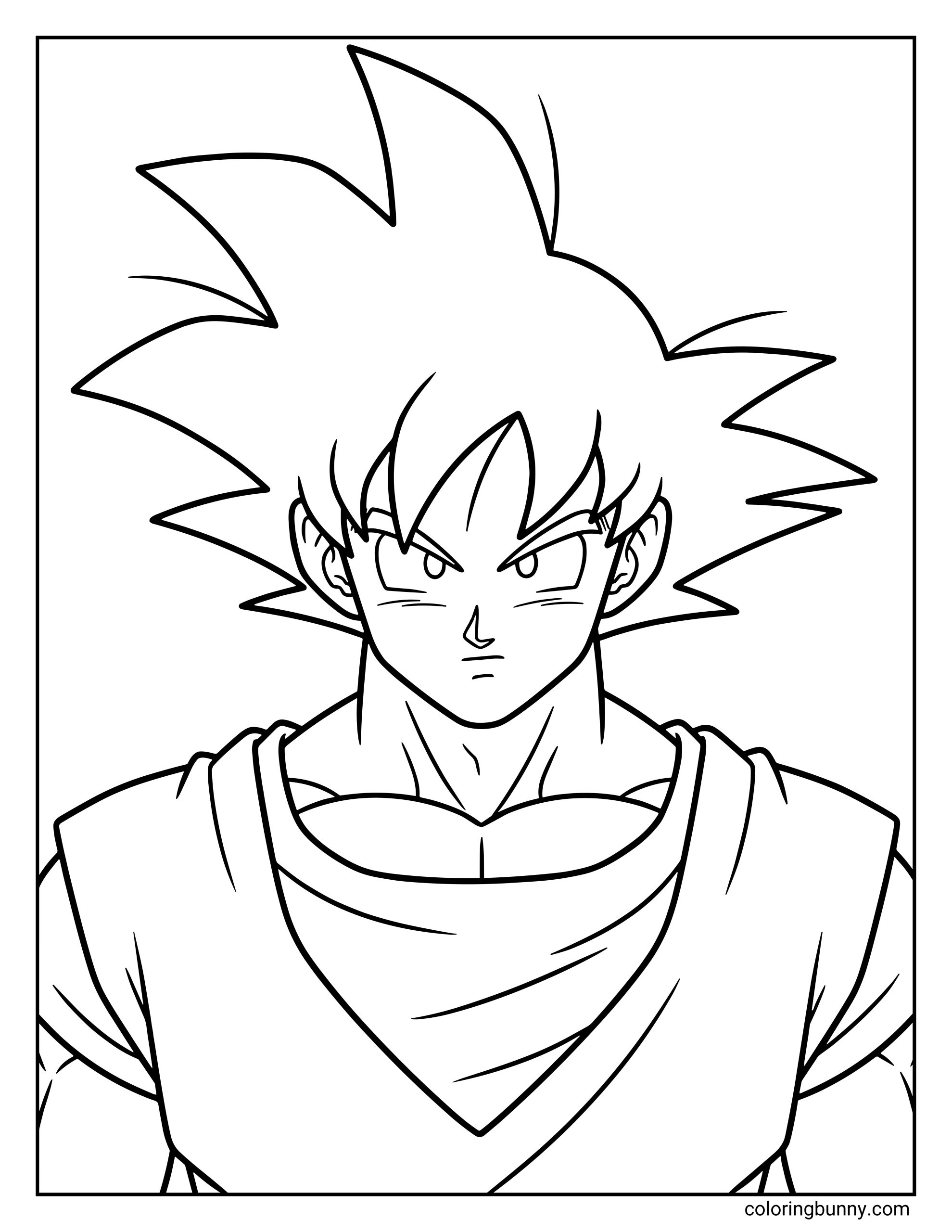 A simple Dragon Ball coloring page featuring a close-up portrait of Goku with his iconic spiky hair and determined expression. The design focuses on Goku’s face and upper torso, highlighting his calm but focused look as he prepares for battle.