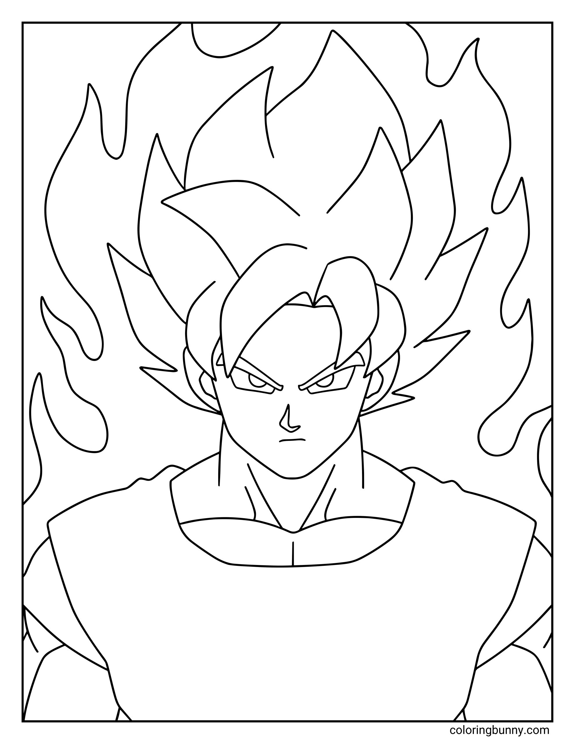 A Dragon Ball Super coloring page featuring a close-up portrait of Goku in his Super Saiyan Blue form, with his sharp spiky hair and calm but focused expression. A large flame-like aura rises behind him, showing the powerful energy of his godly Saiyan transformation.
