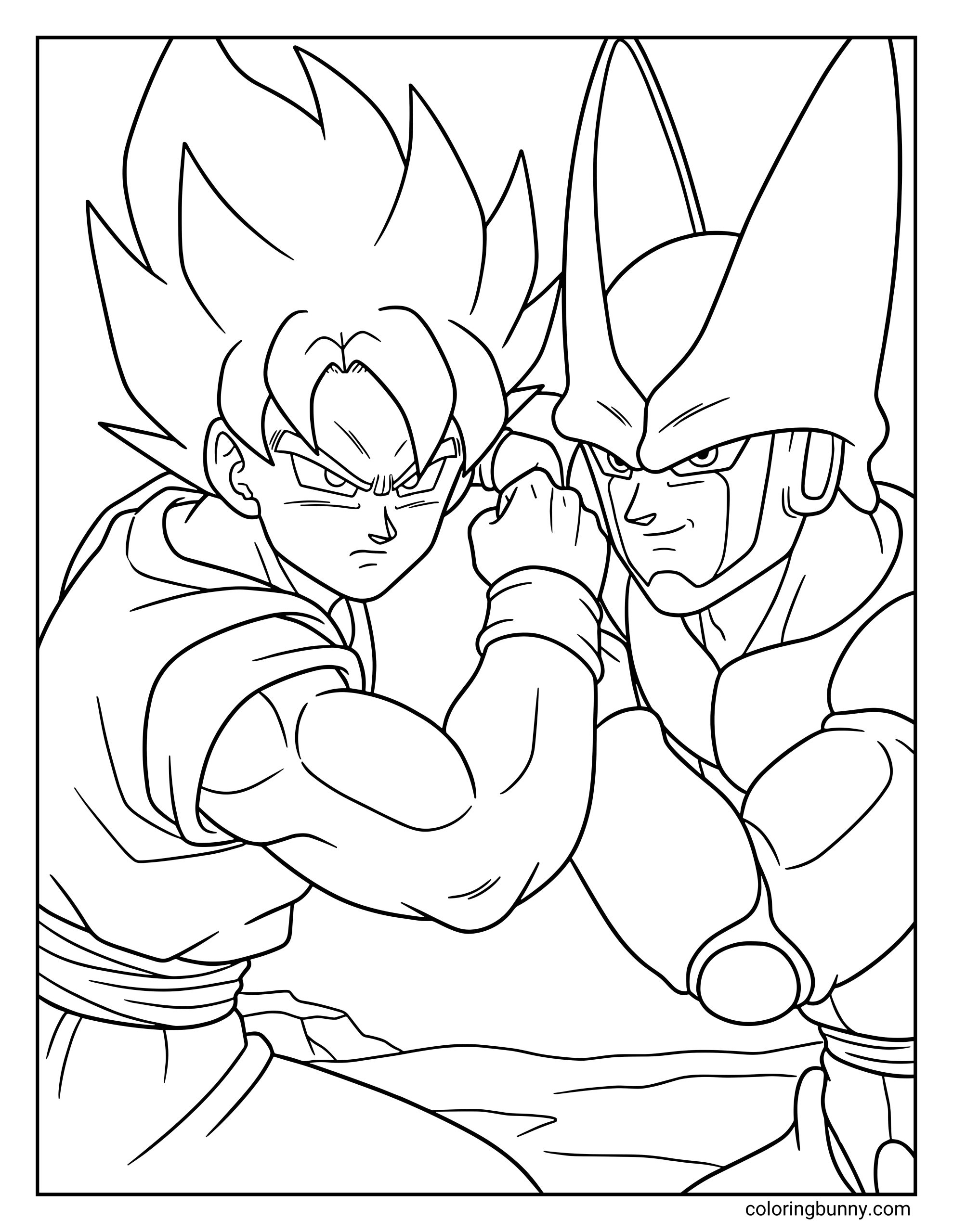A simple Dragon Ball Z coloring page featuring Goku and Cell locked in a close battle during the Cell Games. The two fighters press their fists together in an intense showdown.