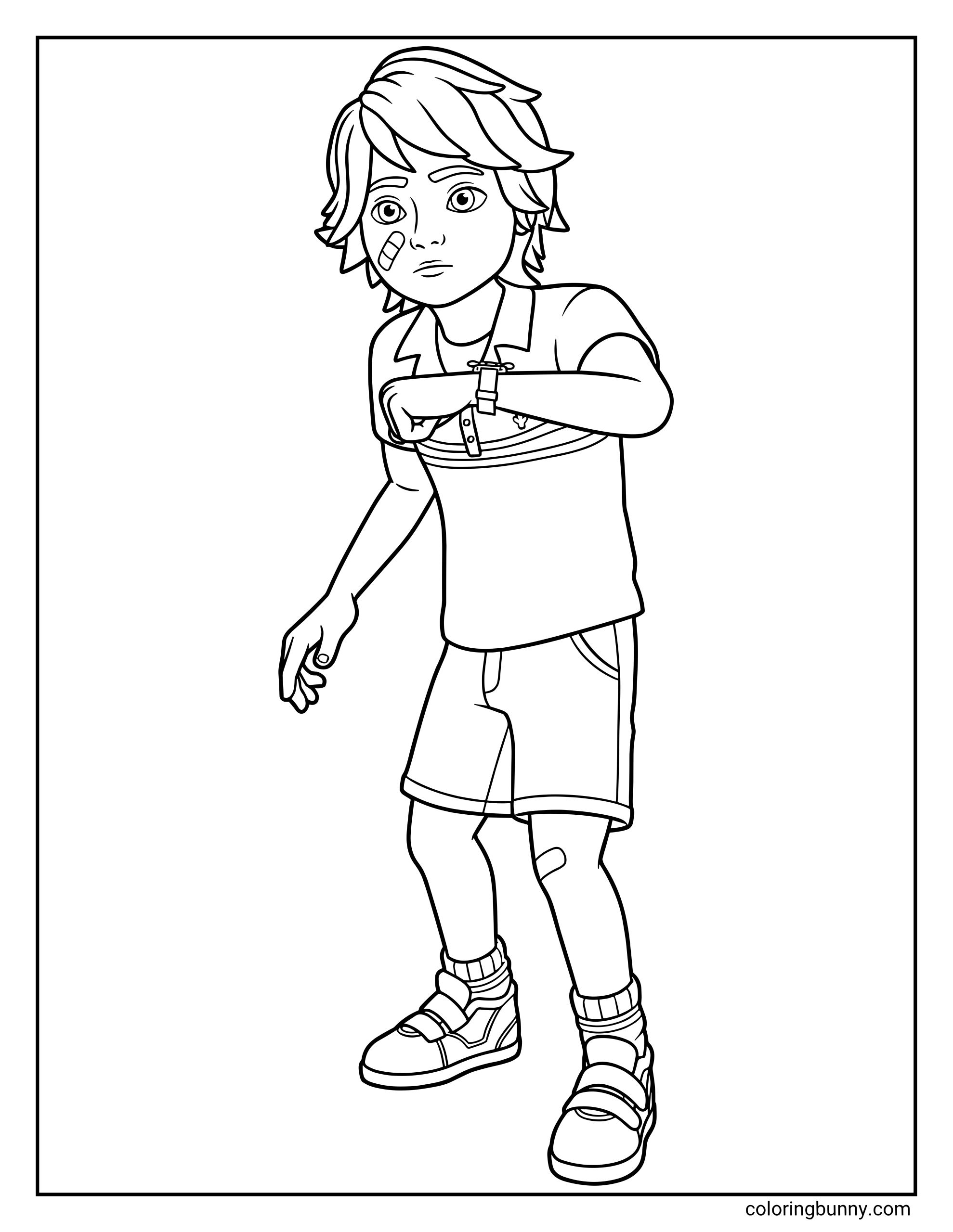 Coloring page of Gregory from FNAF Security Breach. He is standing and looking at a watch on his wrist with a focused expression. He wears a polo shirt and shorts, and has small bandages on his cheek and knee.