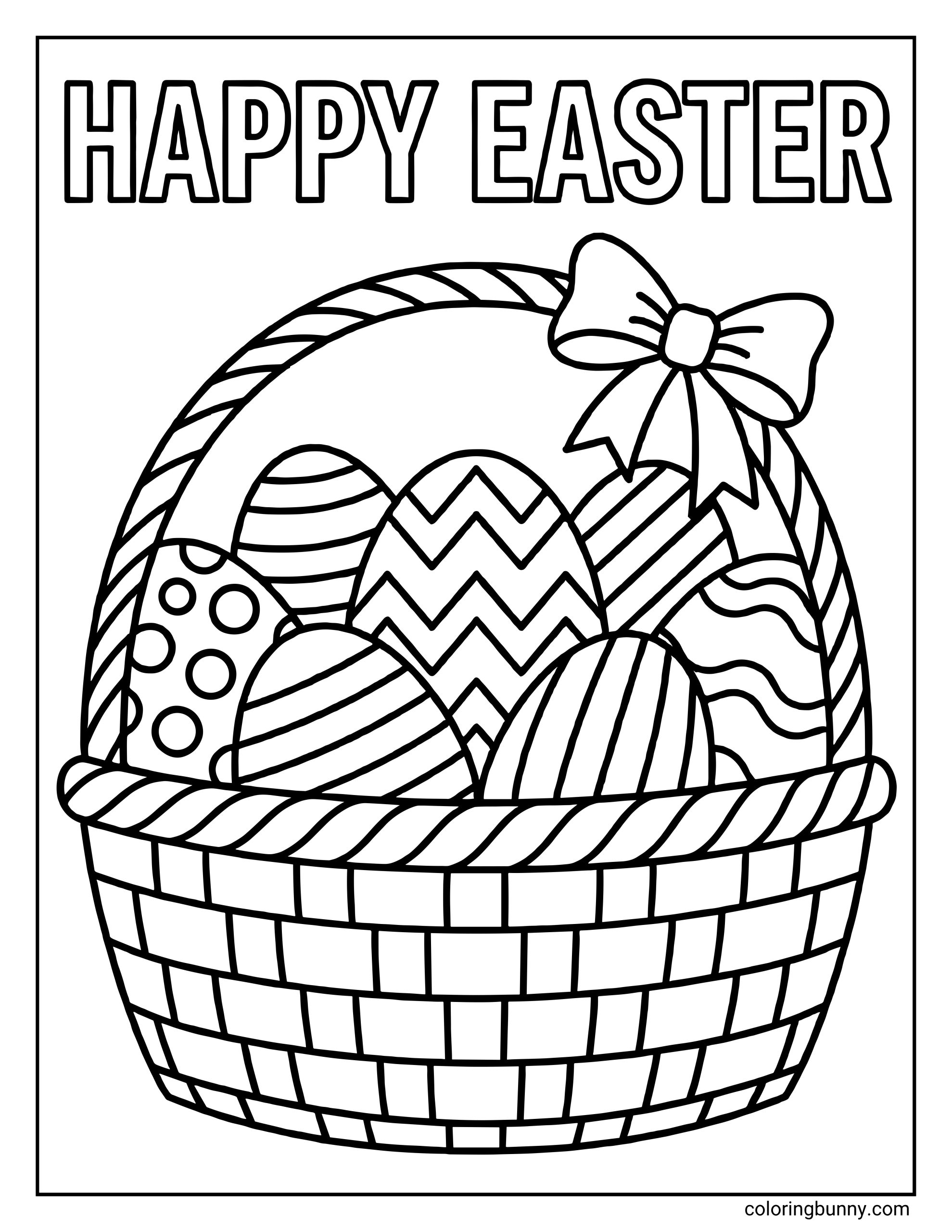 Easy Easter coloring page of a woven basket tied with a bow filled with patterned eggs, and a large "HAPPY EASTER" text at the top.