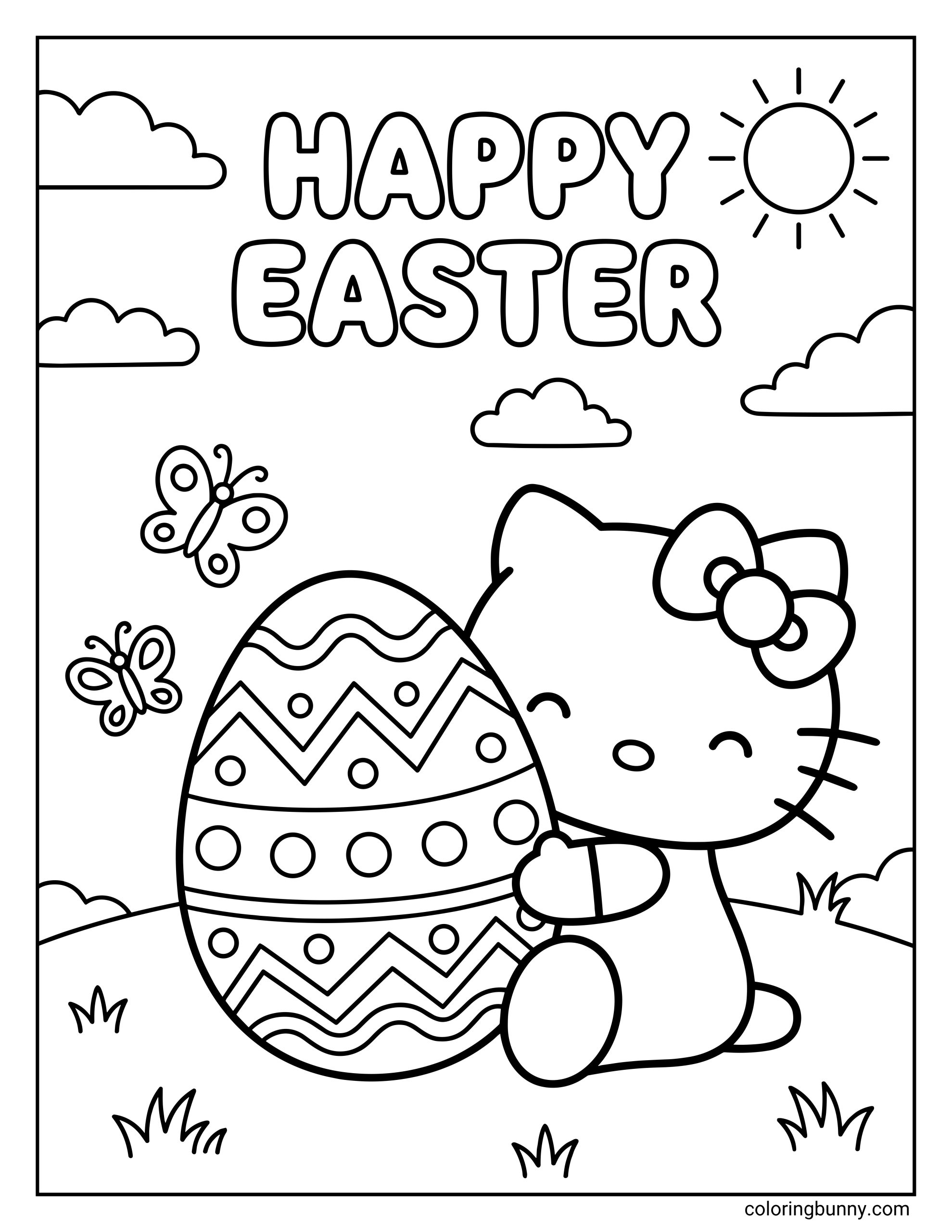 An easy Hello Kitty Easter coloring page featuring Hello Kitty beside an oversized decorated egg, wrapping her arms around it in a cheerful outdoor scene with the words “Happy Easter” at the top.