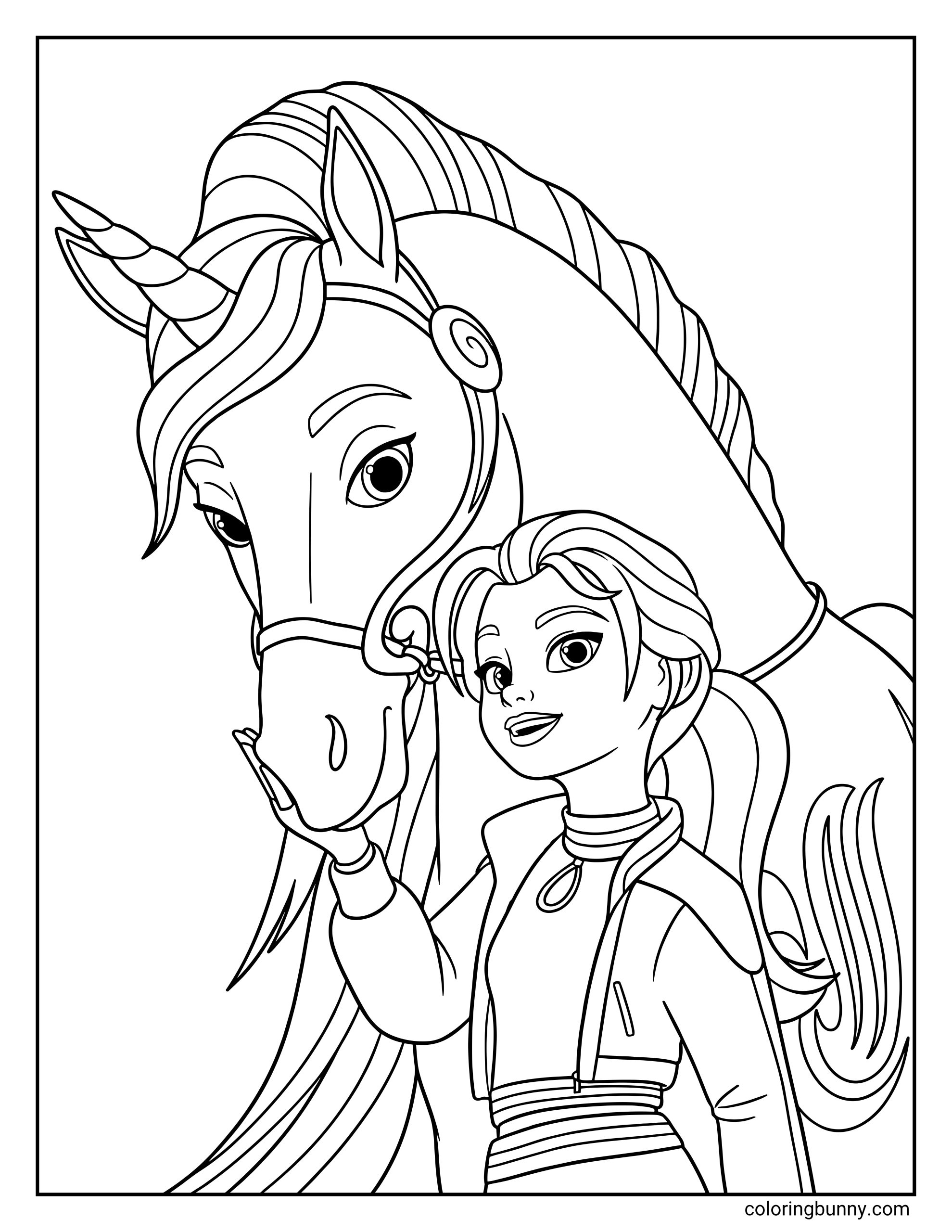A simple coloring sheet of Isabel and River from Unicorn Academy, showing Isabel standing next to River with her hand on the unicorn’s cheek, featuring long flowing mane details and an easy character portrait layout.
