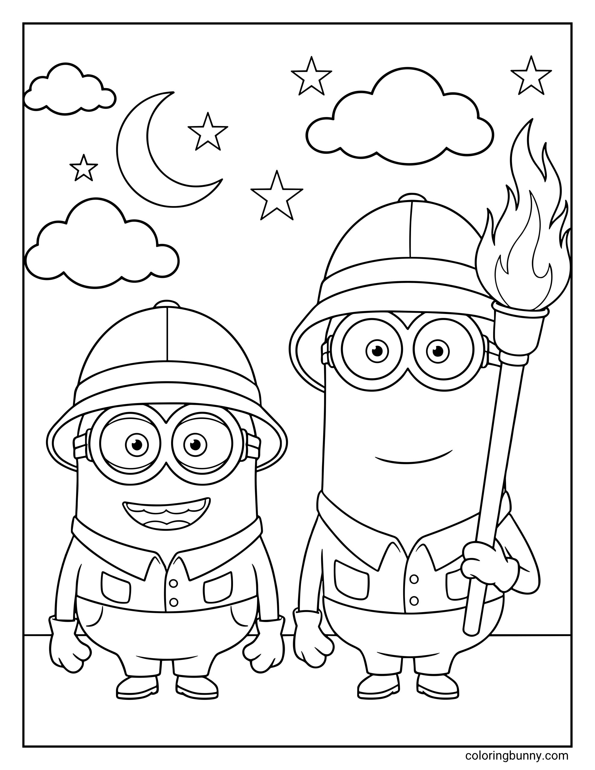 A Minions coloring page featuring Kevin and Bob from Minions & Monsters dressed as explorers, standing together under a night sky with stars and a crescent moon. Kevin holds a torch while Bob smiles beside him.