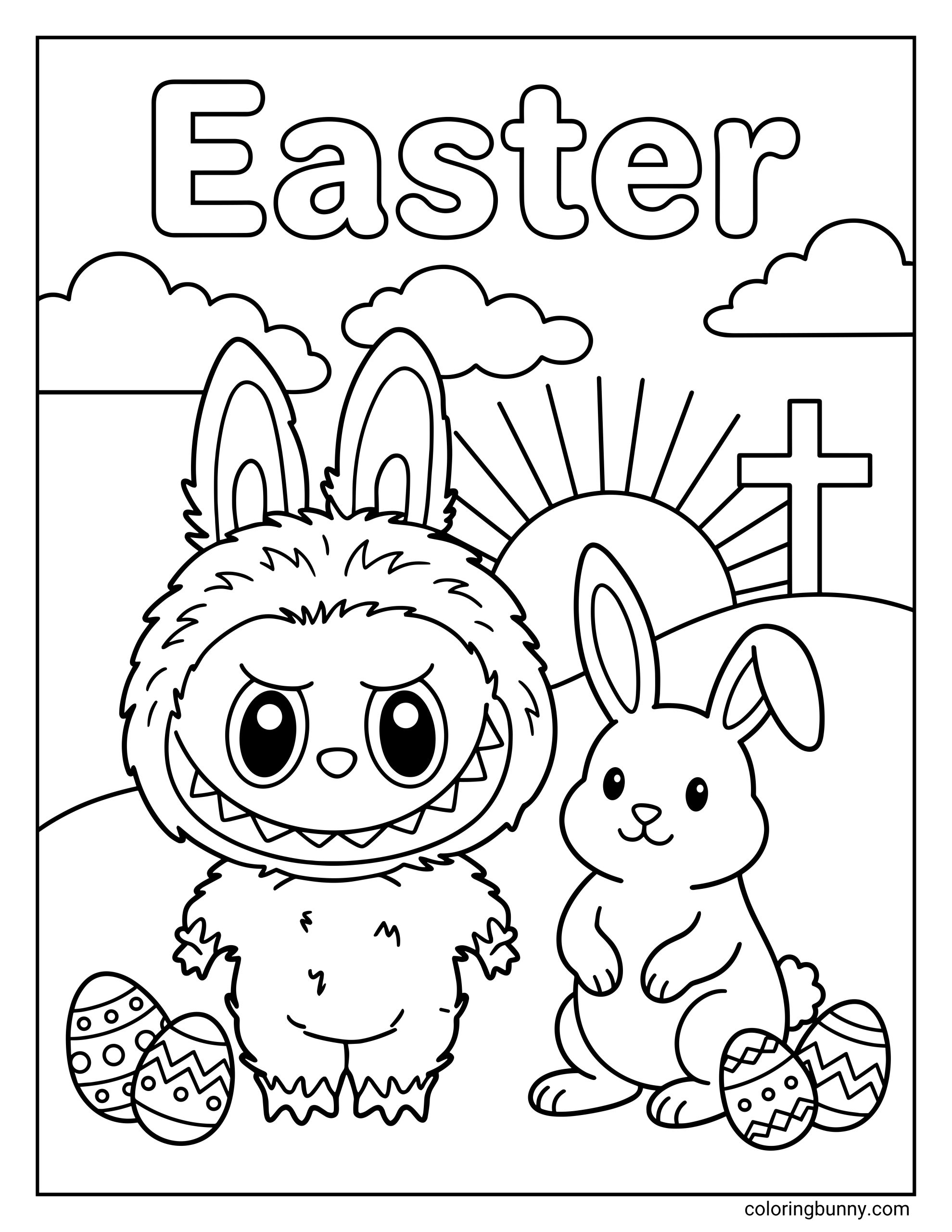 A simple Easter coloring page of Labubu beside a rabbit, with patterned Easter eggs on both sides, the word “Easter” written in big letters at the top, and a clean background featuring clouds, hills, a rising sun, and a cross.
