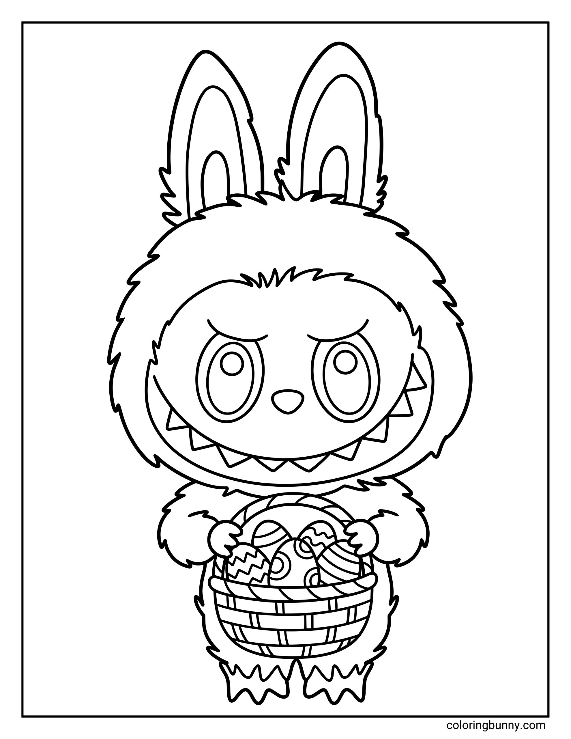 A coloring page of a simple Labubu doll standing upright in a fluffy bunny costume, holding a woven basket filled with decorated Easter eggs.