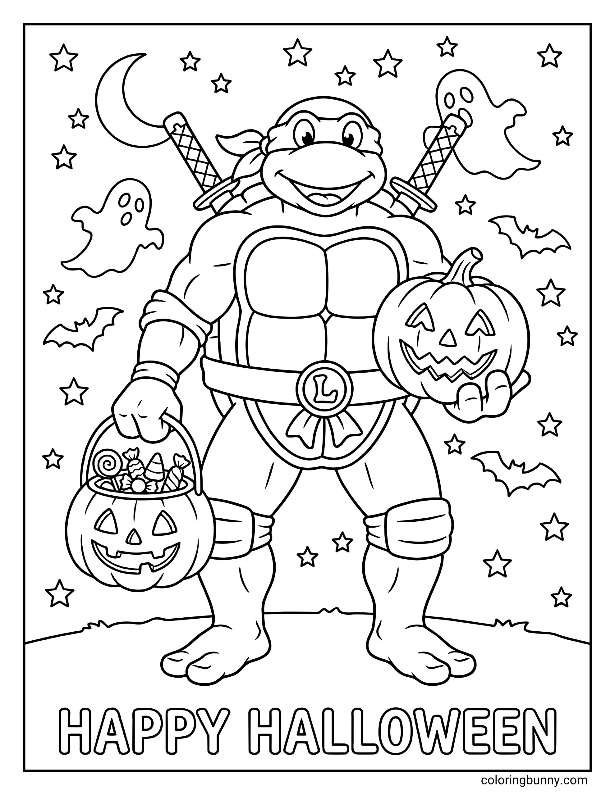 Ninja Turtle Halloween coloring page showing a smiling turtle hero holding a jack-o'-lantern candy bucket in one hand and a carved pumpkin in the other, surrounded by stars, bats, ghosts, and a crescent moon