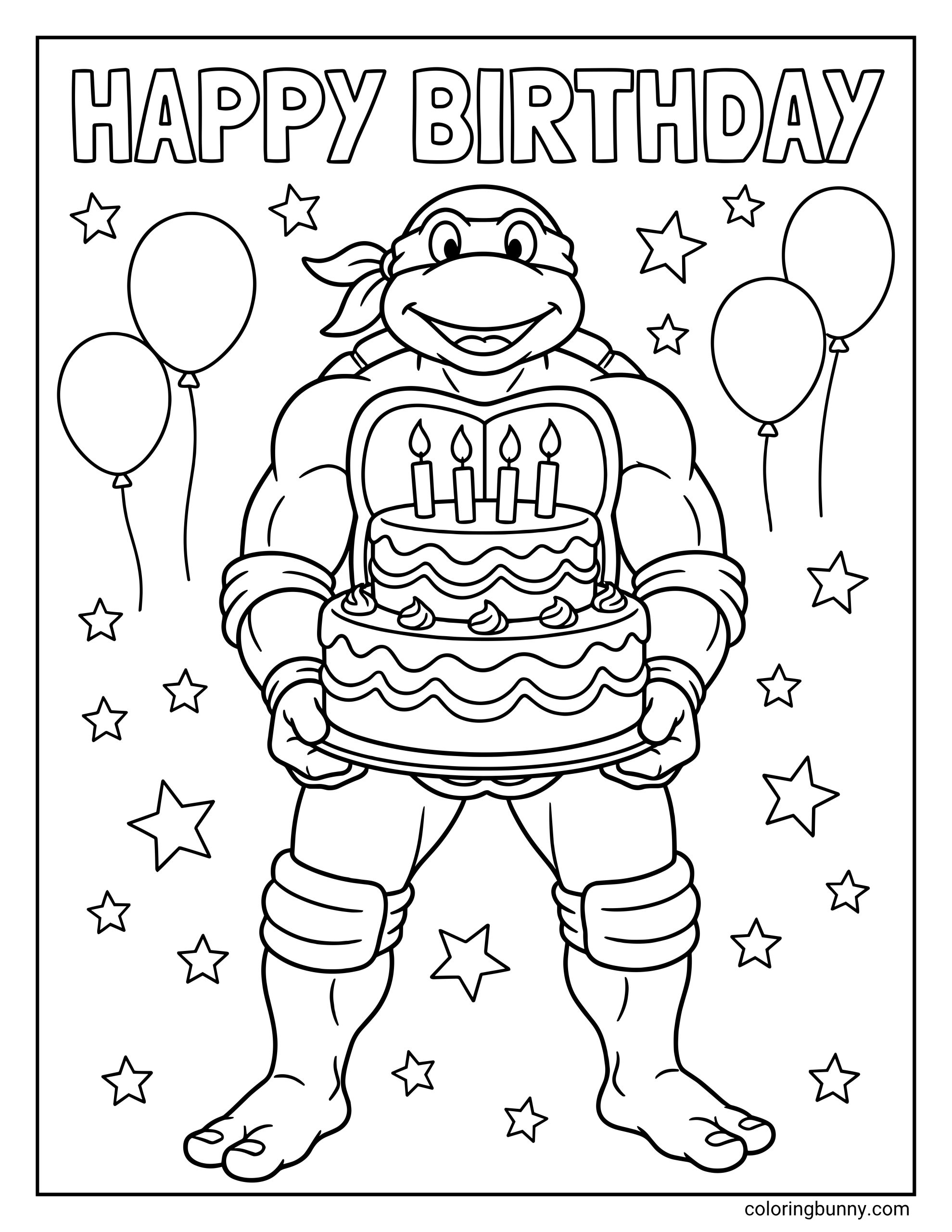 Ninja Turtle happy birthday coloring page showing a smiling turtle hero holding a large two-tier birthday cake with lit candles, surrounded by stars and balloons under a big Happy Birthday title