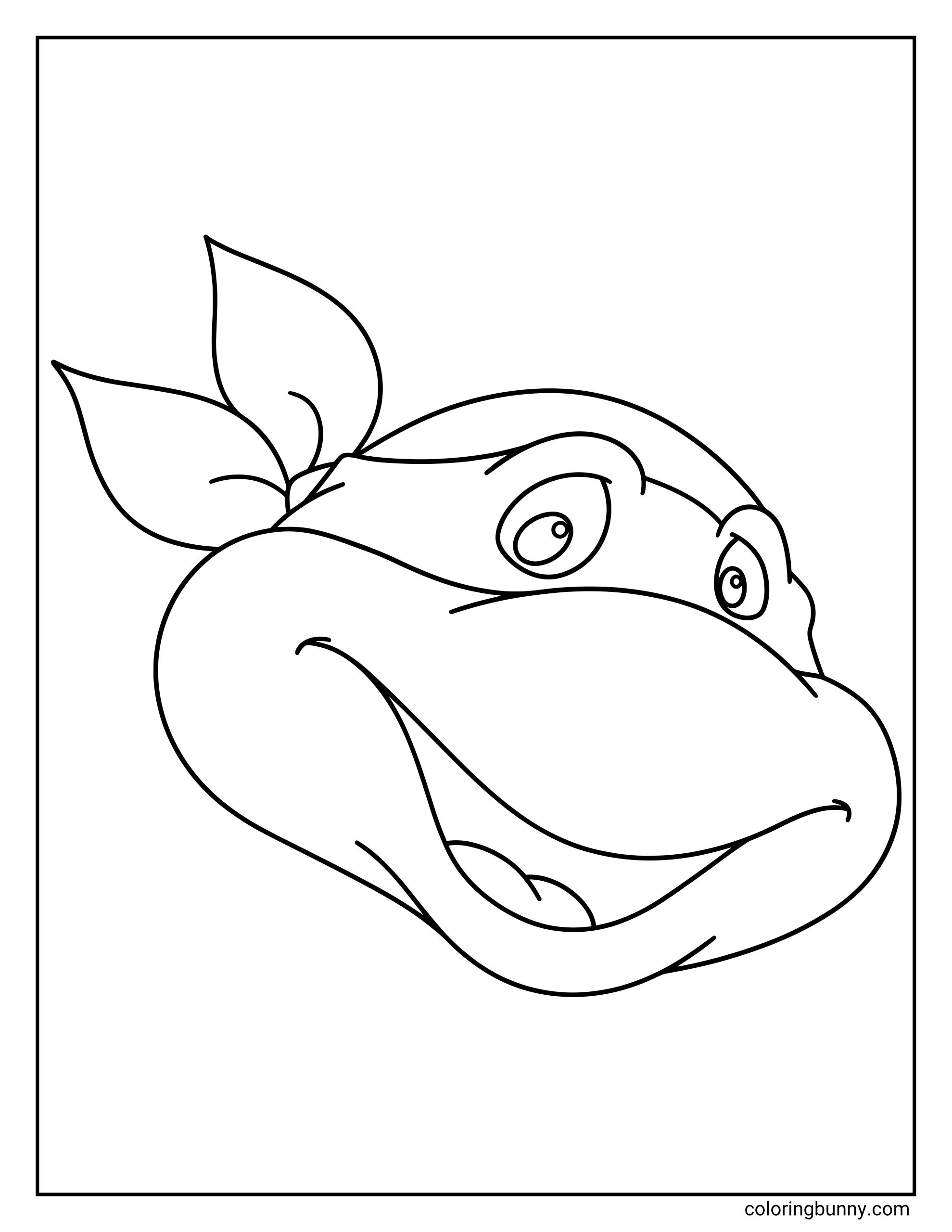 An easy coloring page of a Ninja Turtle head in close-up, showing a cartoon turtle face with a bandana mask, large eyes, rounded snout, smiling mouth, and simple printable lines.
