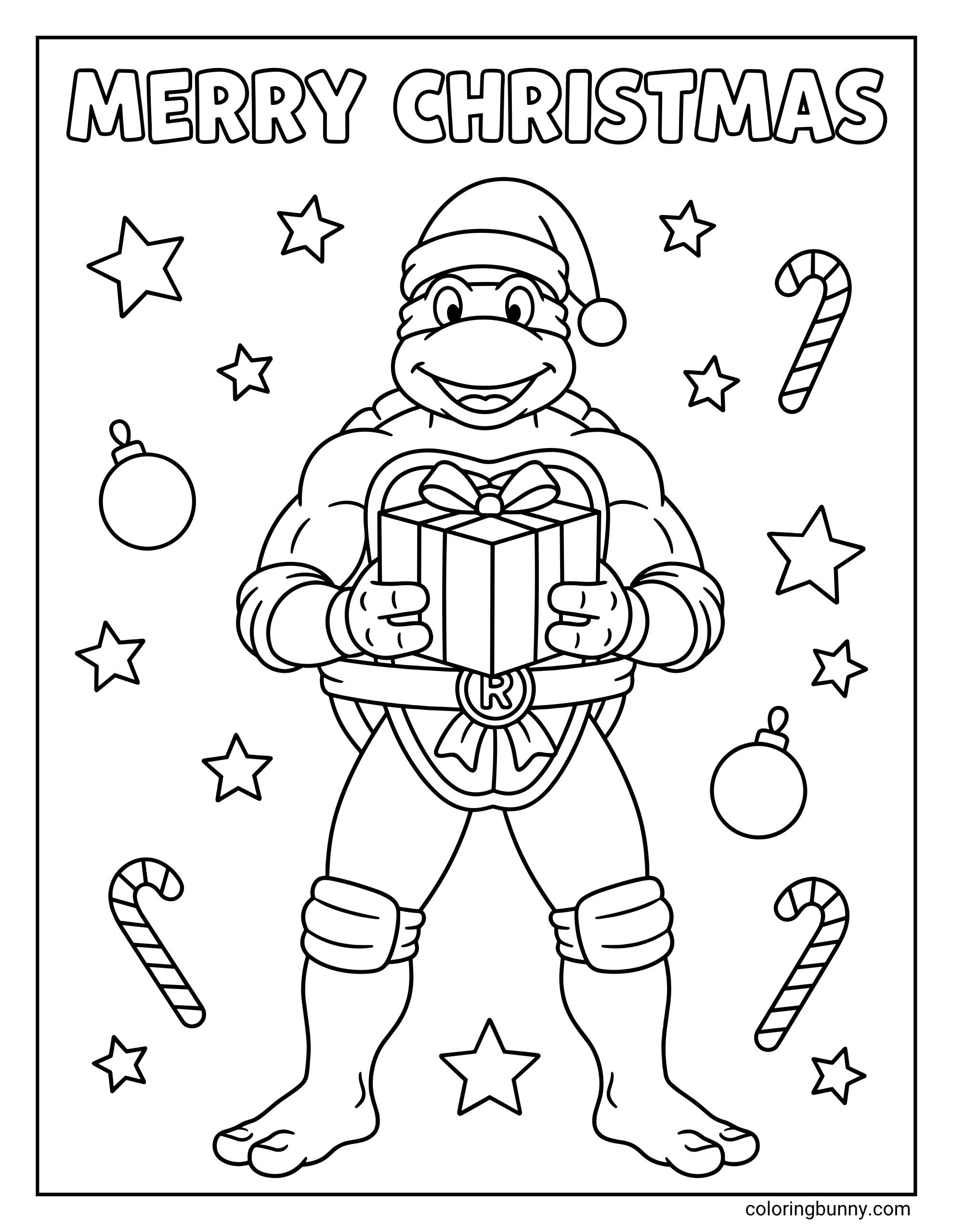 A coloring page of Raphael from Teenage Mutant Ninja Turtles celebrating Christmas, featuring the turtle in a Santa hat holding a gift box beneath “MERRY CHRISTMAS” text with stars, ornaments, and candy canes around him.