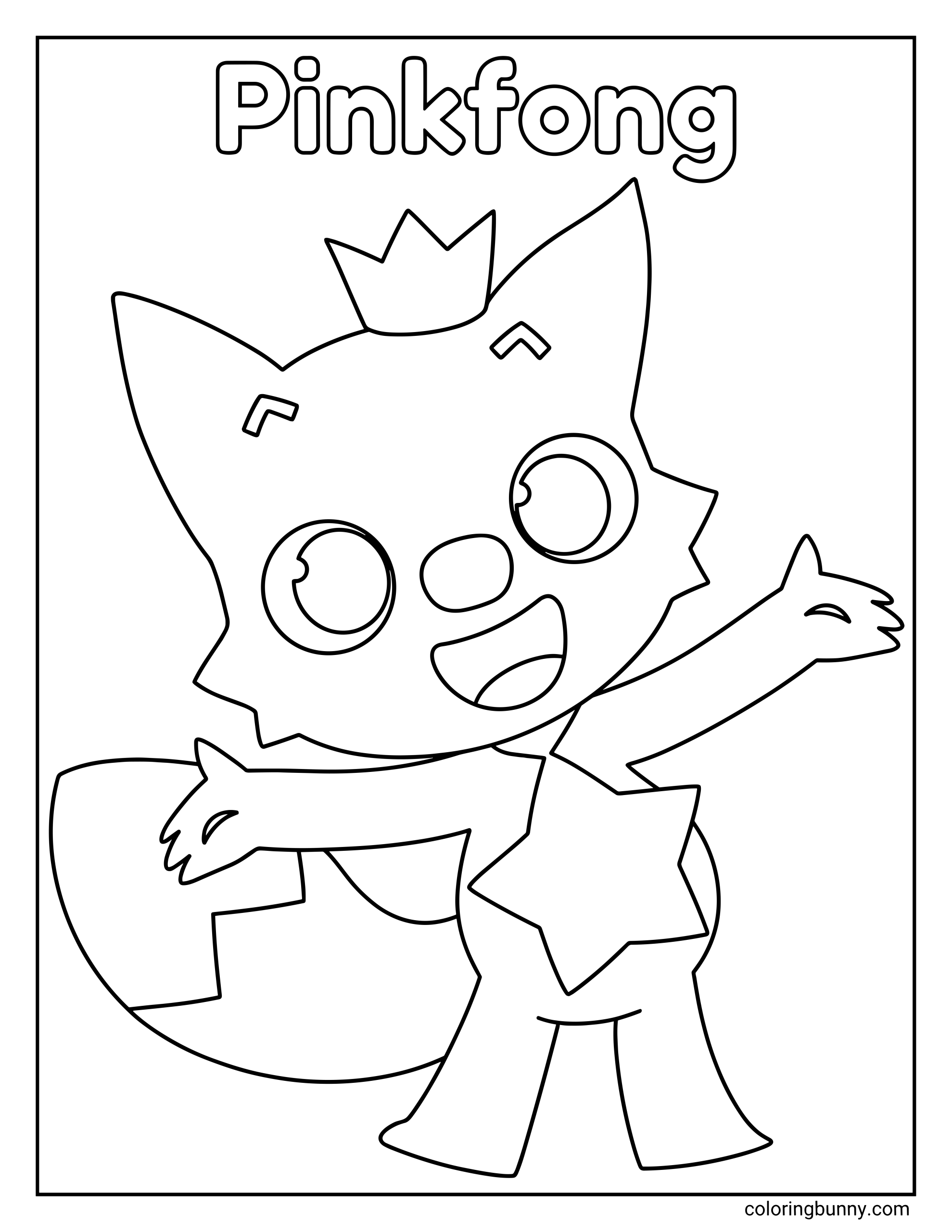 A coloring page of Pinkfong from Baby Shark standing on the page with a smiling face, crown, large star on the outfit, raised arms, and a big tail.
