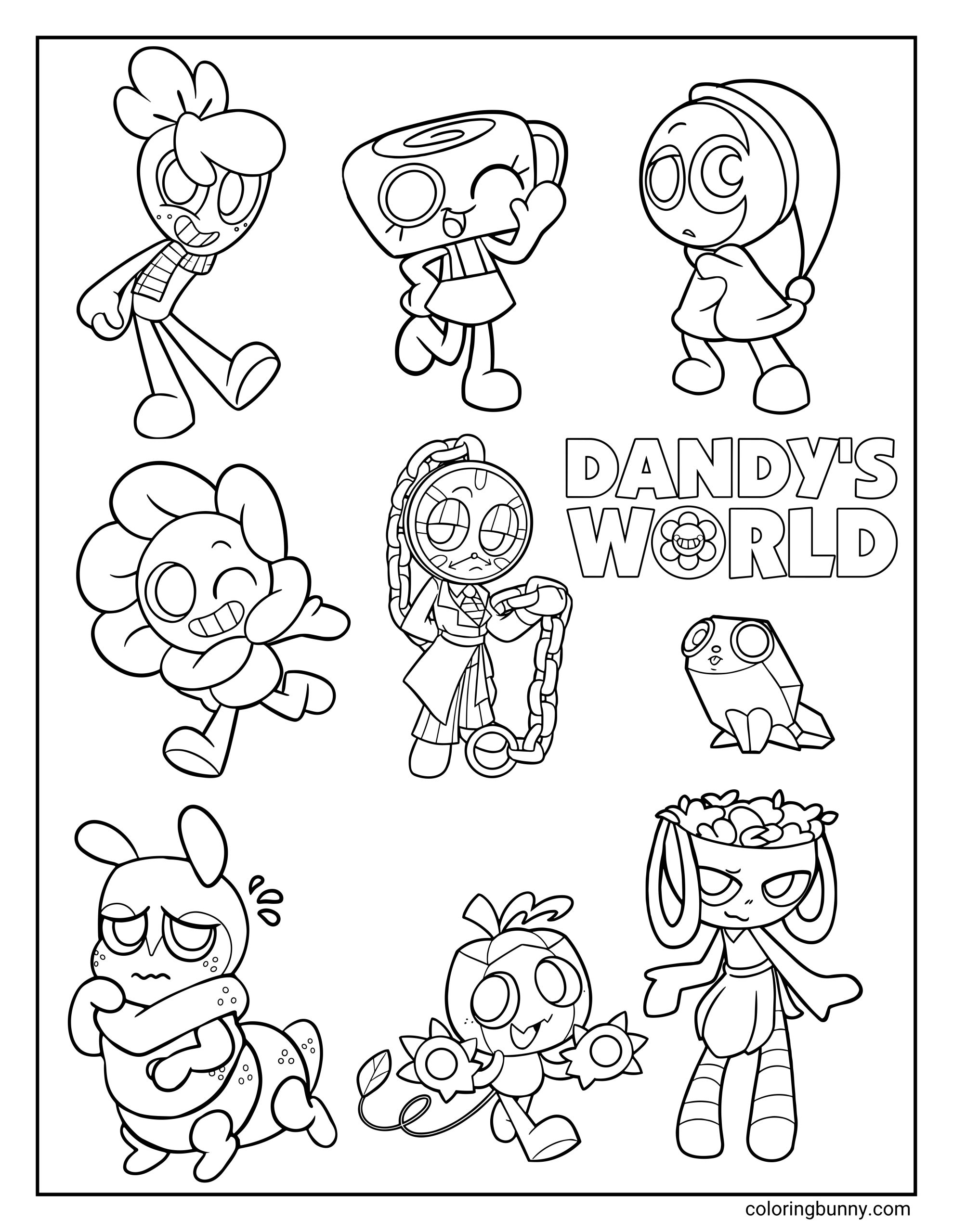 Popular Dandy’s World characters coloring page featuring a collection of fan-favorite characters arranged around the Dandy’s World logo, with playful poses, expressive faces, and a clean layout designed for coloring.