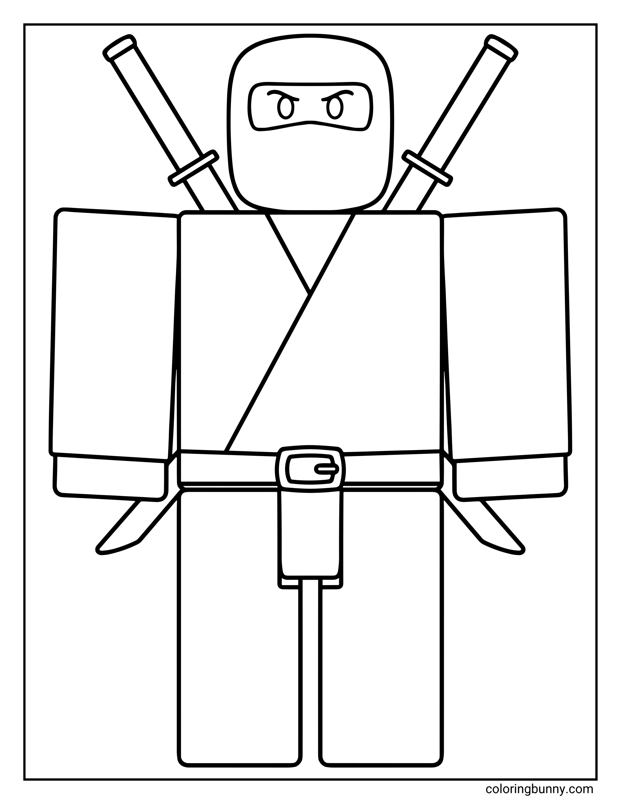 A simple Roblox coloring page featuring a blocky ninja avatar wearing a face mask and robe. The ninja has two swords crossed on the back, a belt around the waist, and a focused expression visible through the eye opening.