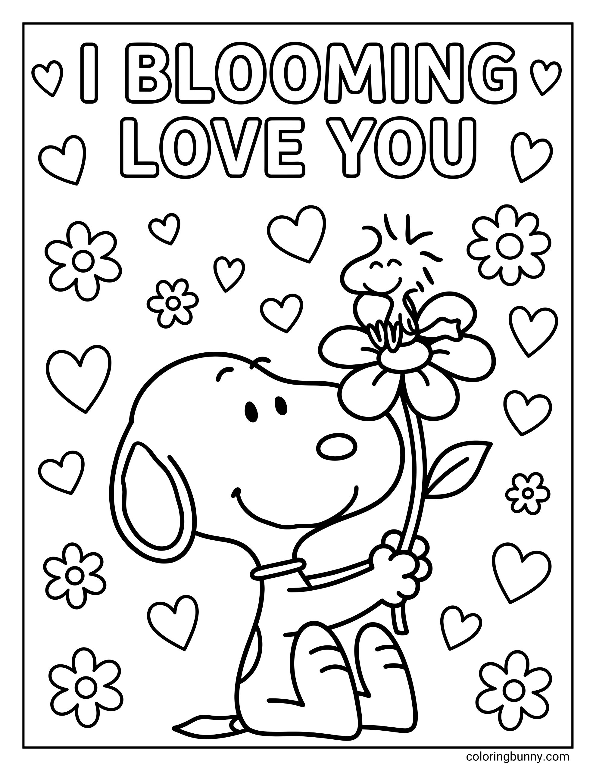 A coloring page of Snoopy holding a tall flower with Woodstock perched on the bloom, featuring heart shapes, small flowers, and the phrase “I BLOOMING LOVE YOU” across the top.