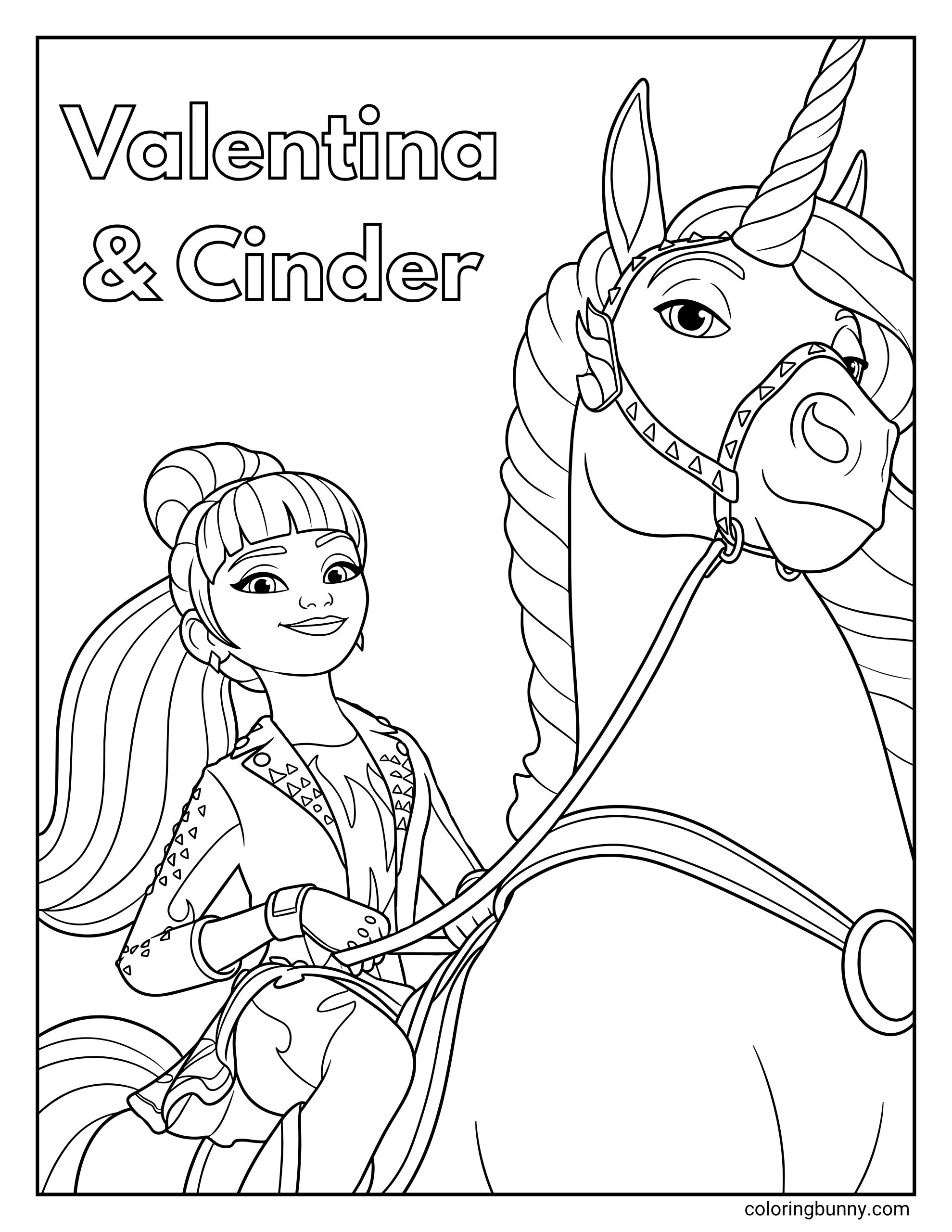 Valentina and Cinder Unicorn Academy coloring page featuring Valentina with a high bun riding her unicorn Cinder, with the text "Valentina & Cinder" in bubble letters at the top and a focus on Cinder’s detailed spiral horn.