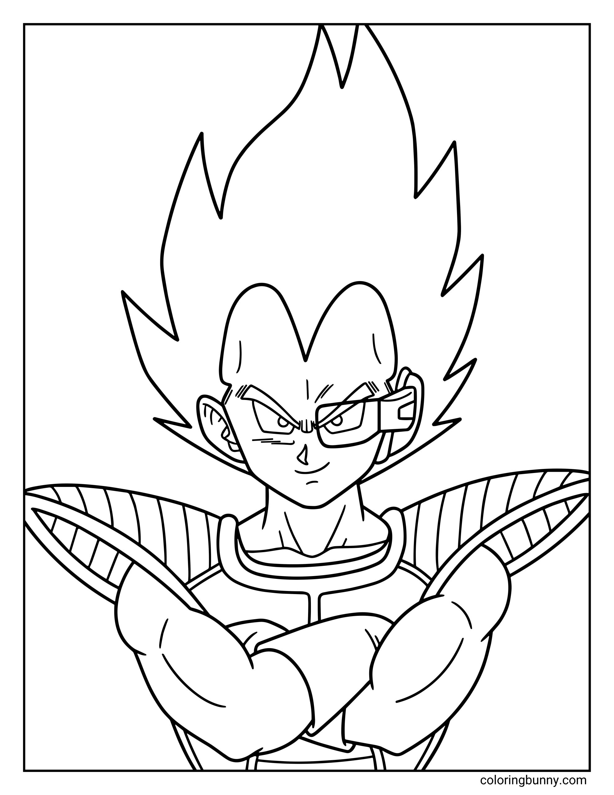 A simple Dragon Ball Z coloring page featuring Vegeta standing confidently with his arms crossed while wearing Saiyan armor and a scouter. The proud Saiyan prince looks determined as he prepares for battle.