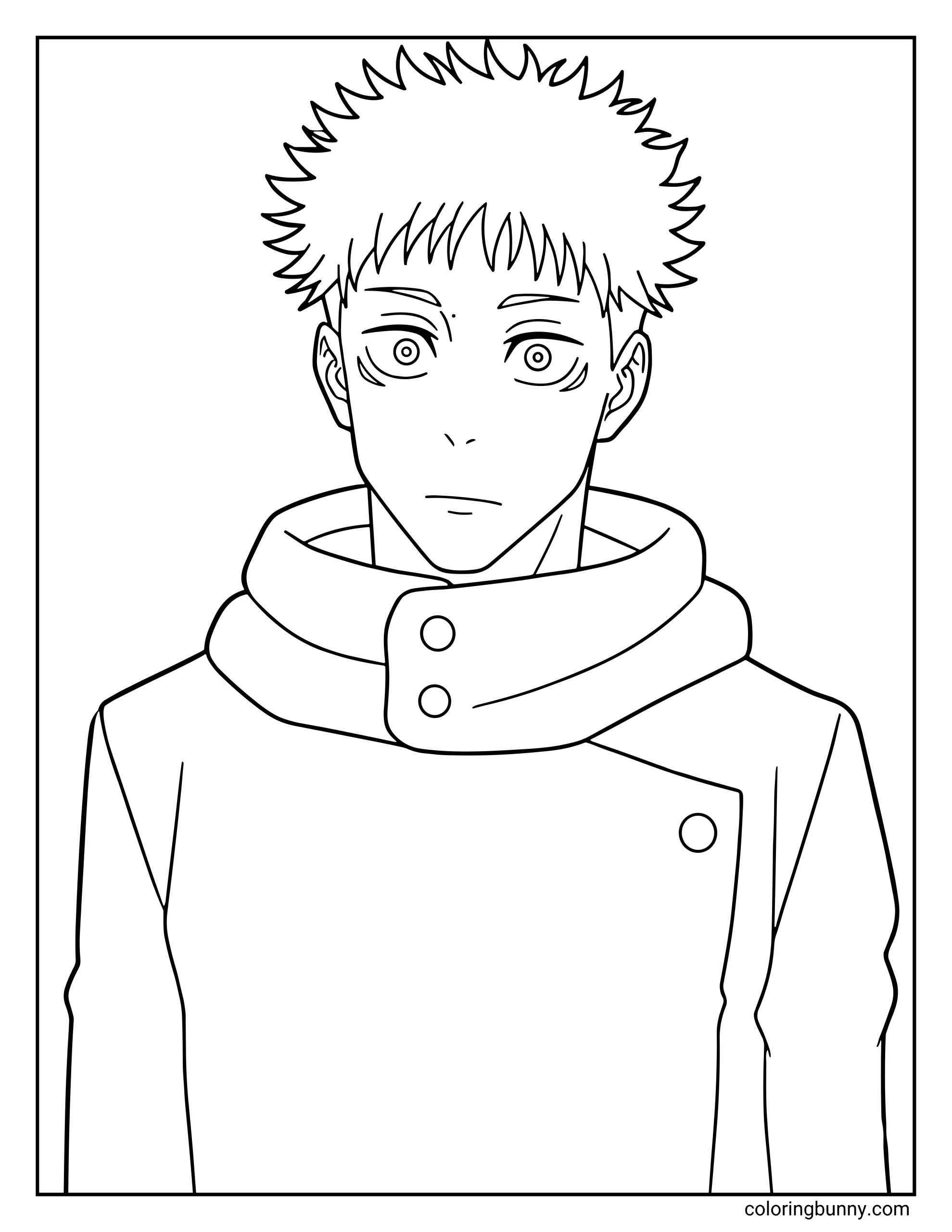 A Jujutsu Kaisen coloring page featuring Yuji Itadori in a simple front-facing portrait, wearing his Jujutsu High uniform with the high collar and buttoned jacket. His short spiky hair, wide determined eyes, and calm expression capture the heroic student sorcerer as he prepares to face curses.