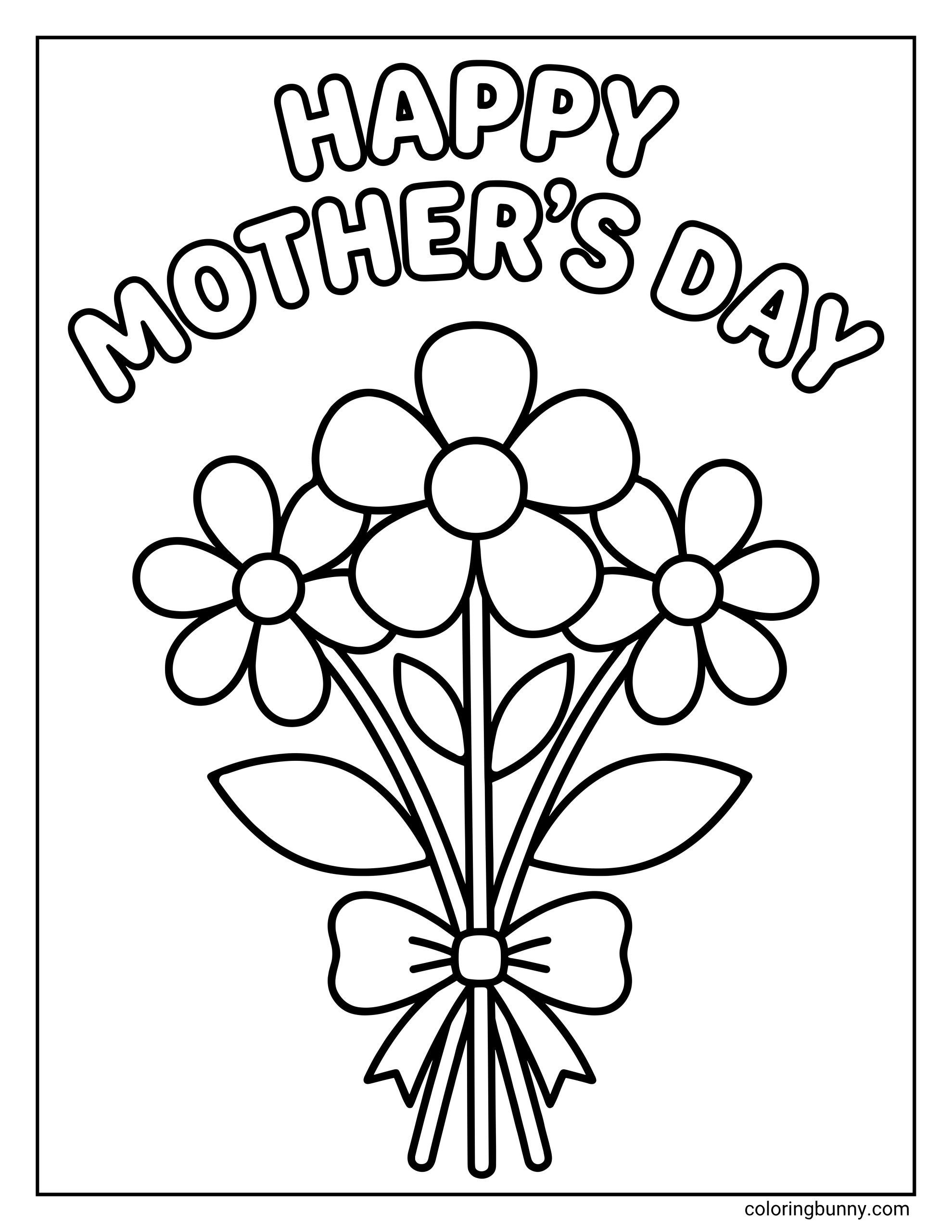A coloring page of a Mother’s Day flower bouquet, with three large flowers, leafy stems, and a ribbon bow arranged under curved Happy Mother’s Day lettering