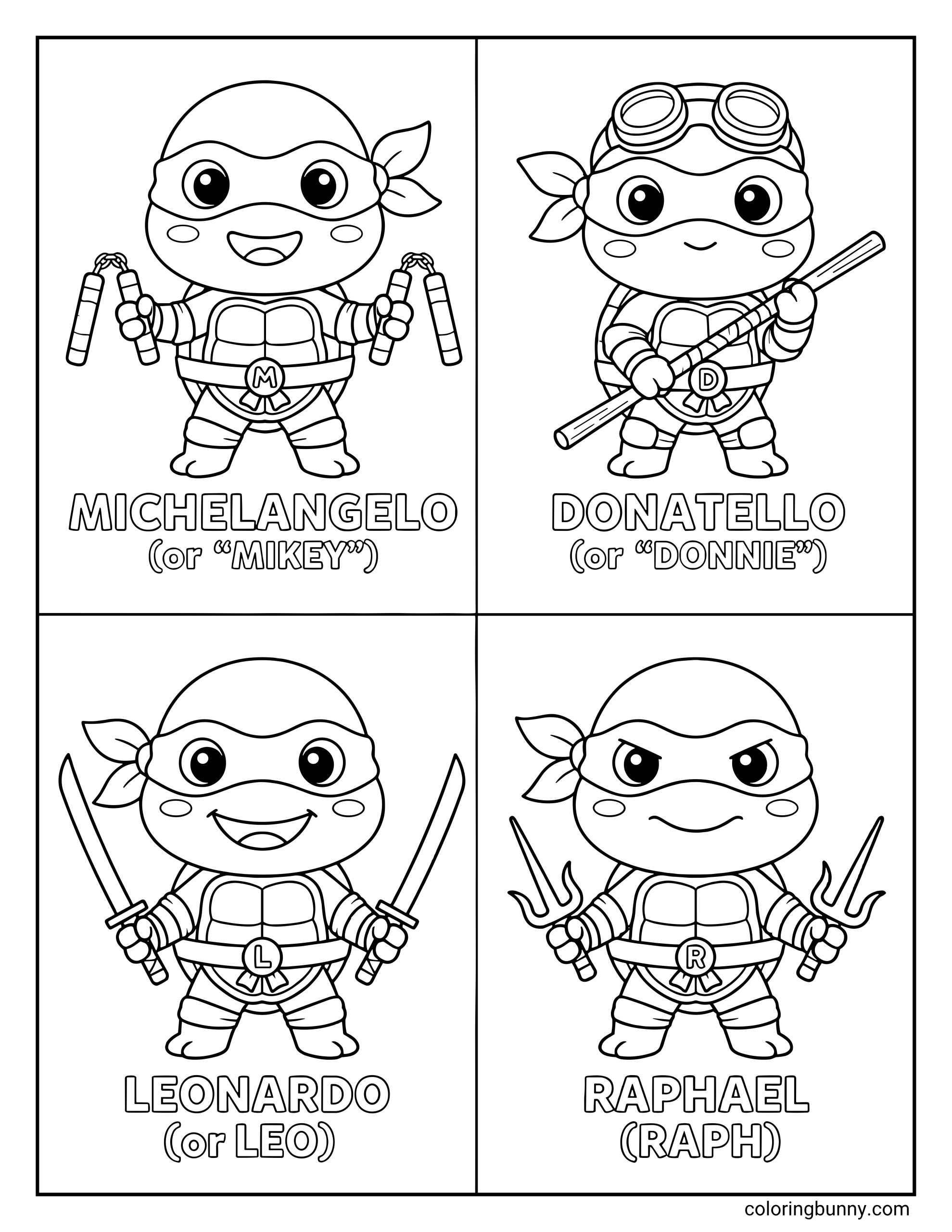 Chibi Teenage Mutant Ninja Turtles kids coloring page with their full names and nicknames printed clearly below them.