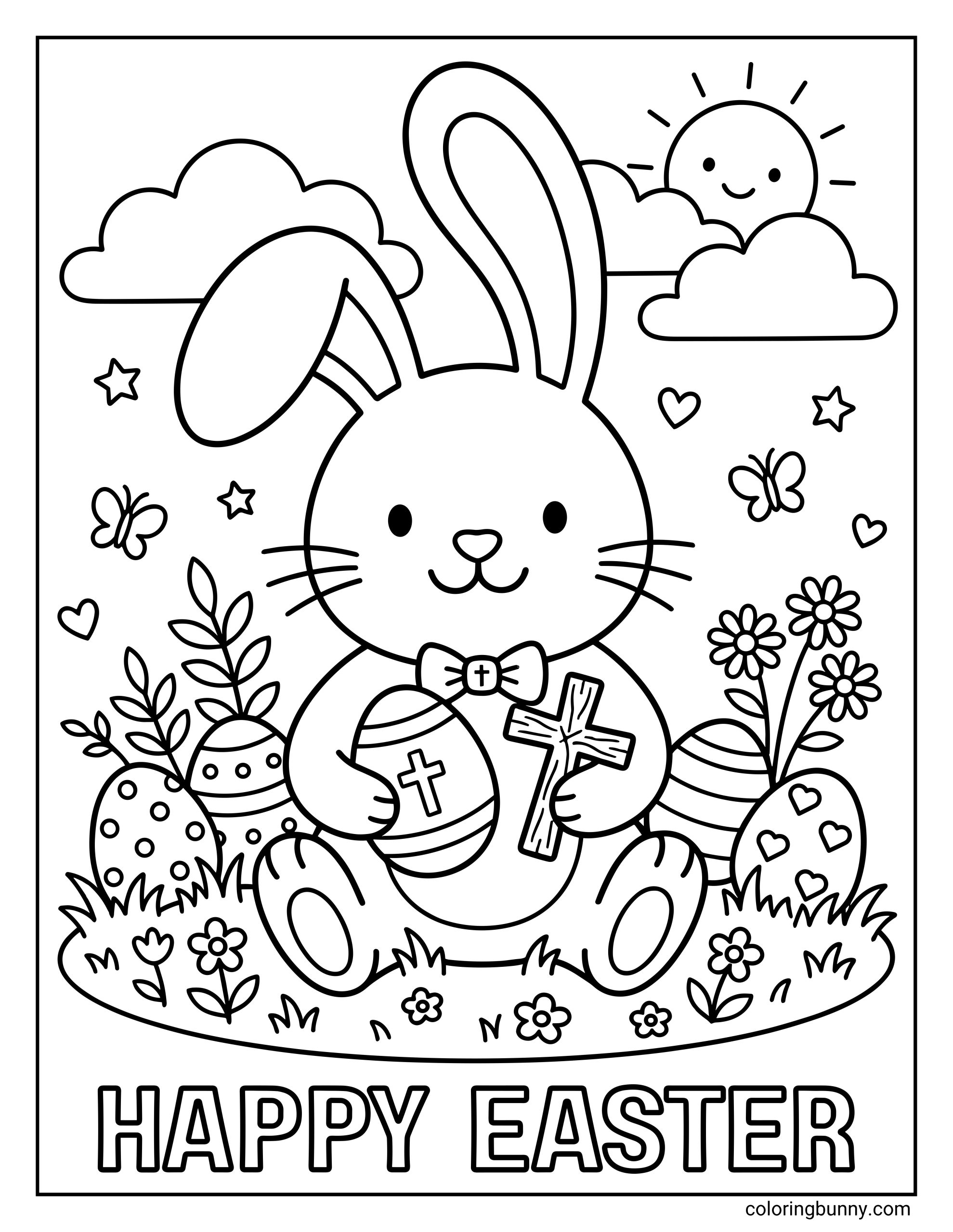A simple Christian Easter coloring sheet showing a smiling bunny holding a cross and a decorated egg with a cross, sitting among flowers and Easter eggs with a sunny sky behind.