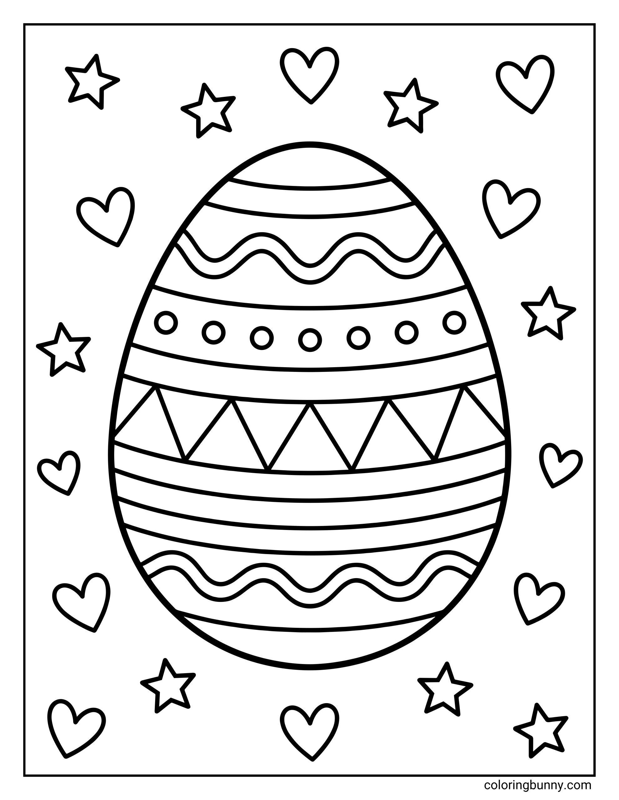 Printable Easter coloring page featuring a large patterned egg holding center stage next to twinkling stars and sweet hearts, and a clean border.