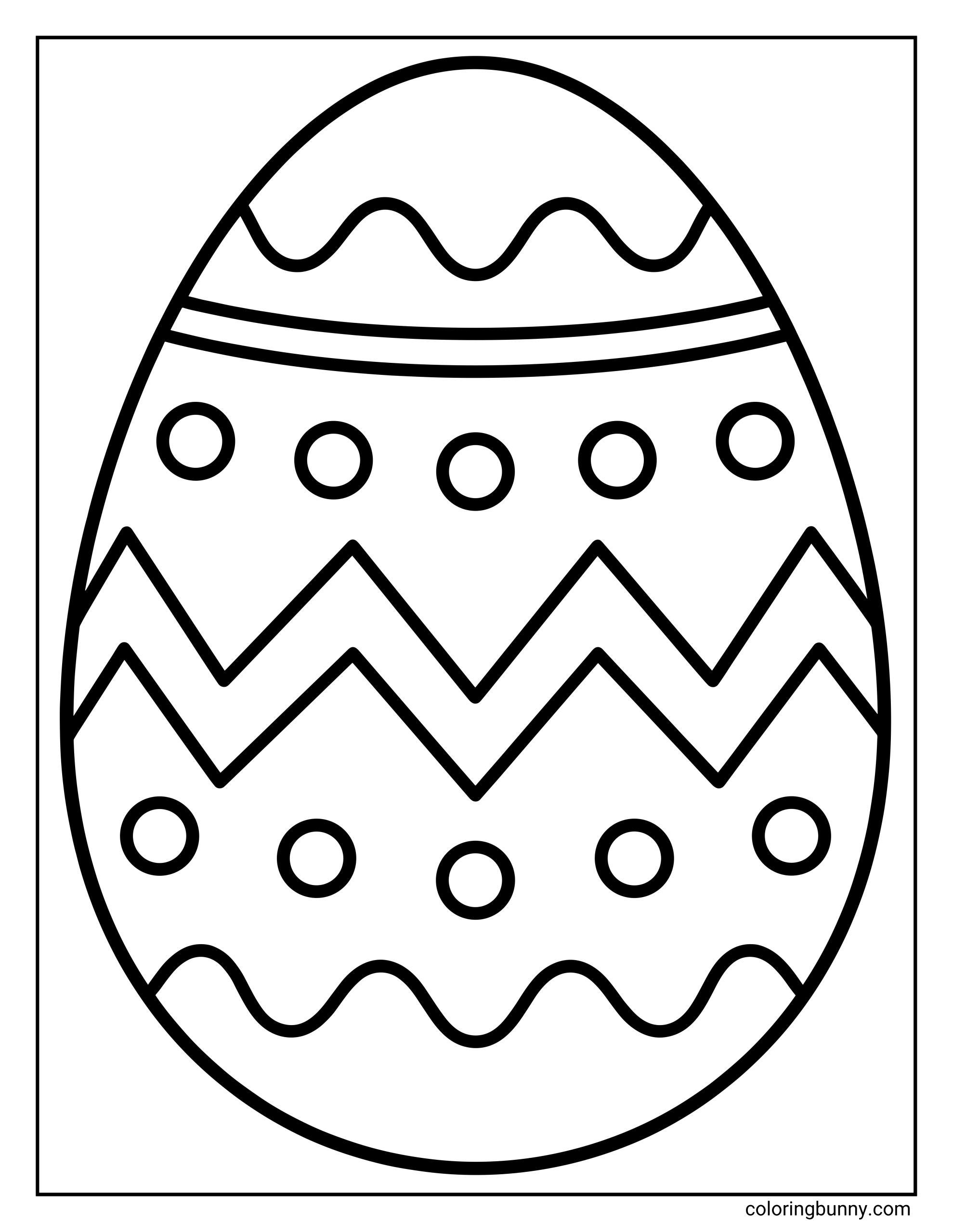 An easy coloring page showing a large decorated Easter egg with zigzag bands, dots, and wavy designs, ideal for young kids practicing coloring.