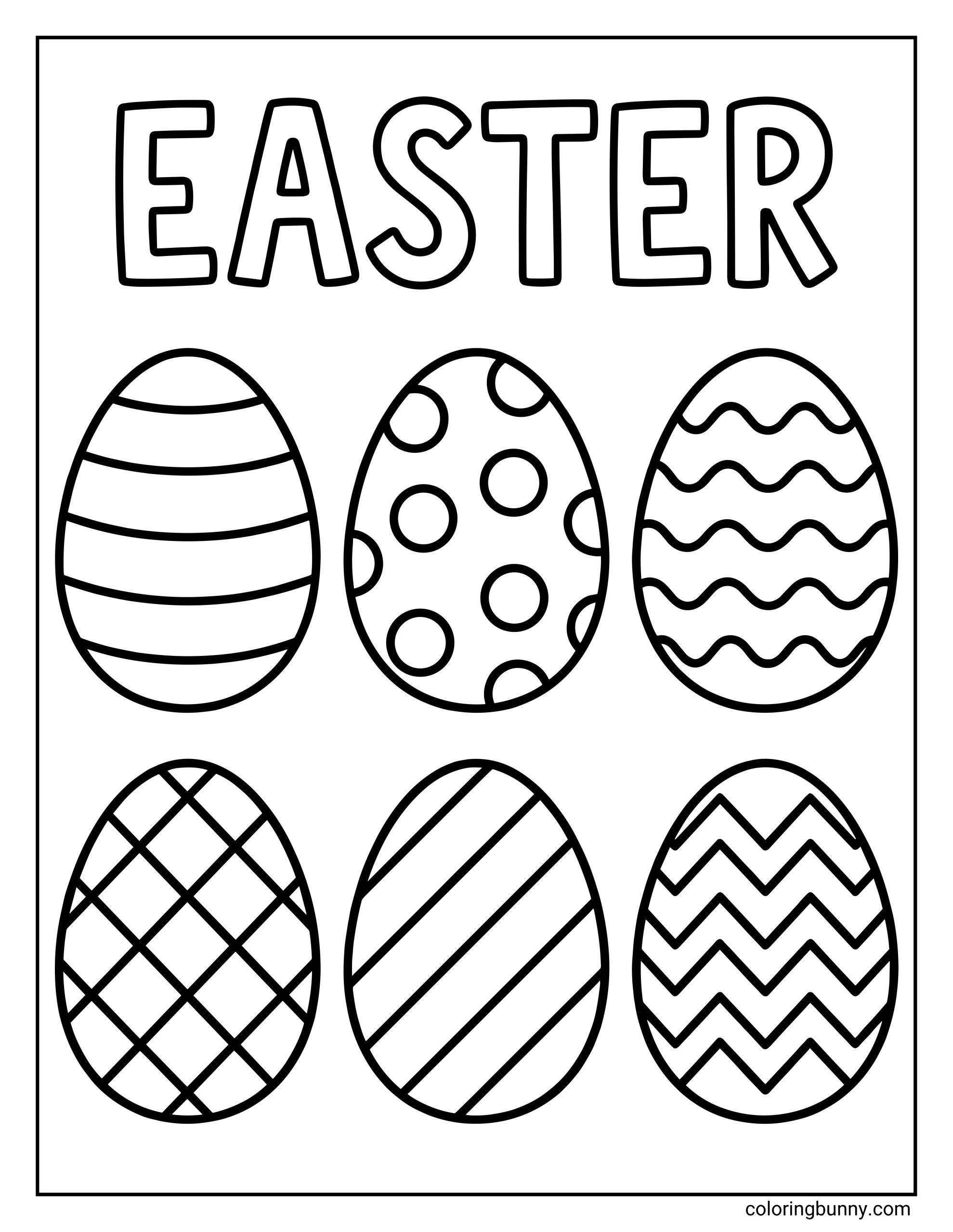 Simple Easter coloring page for kids featuring six patterned Easter eggs in two rows, including stripes, dots, wavy lines, cross-hatching, diagonal lines, and zigzags, and the text "EASTER" at the top.