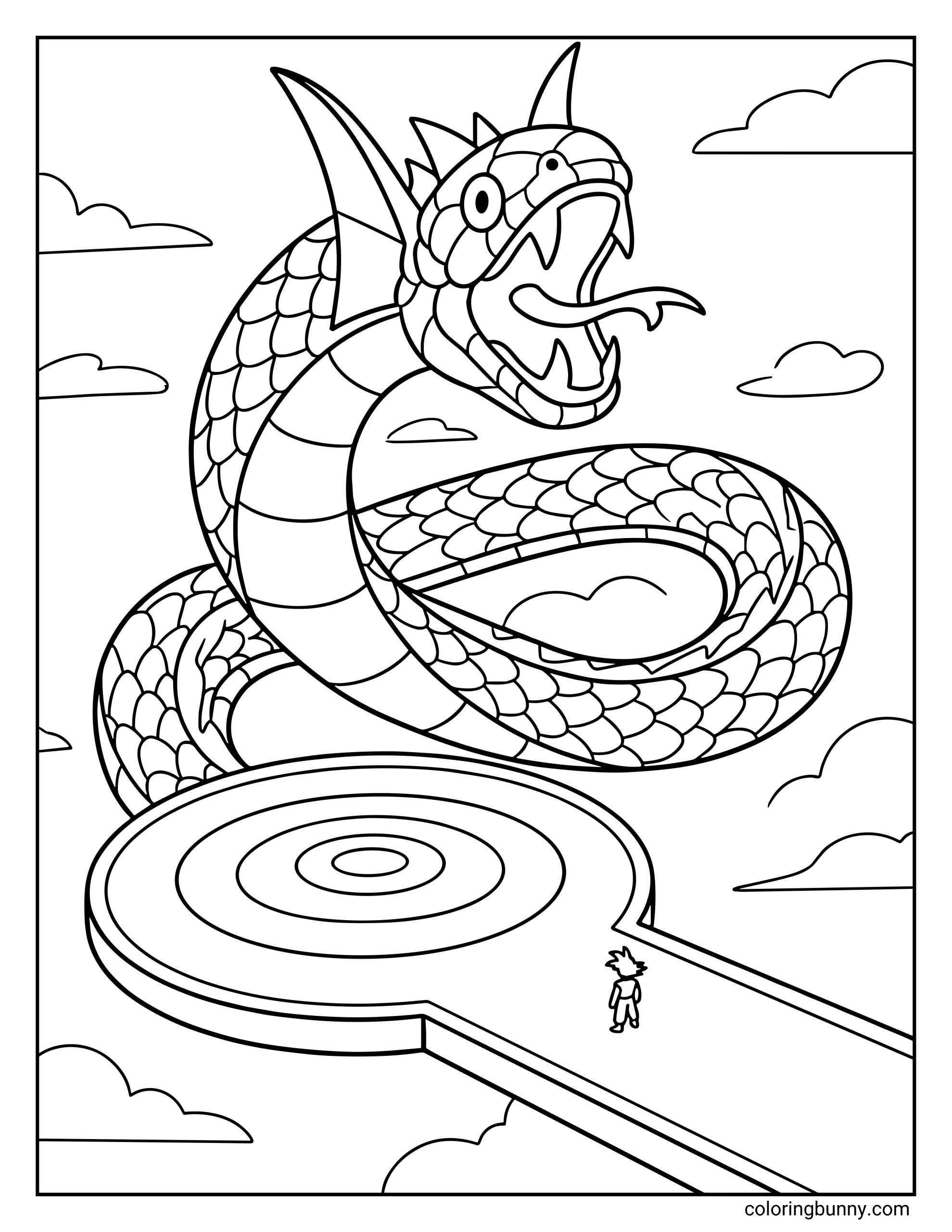 A Dragon Ball Z coloring page featuring the giant snake that forms Snake Way coiling through the clouds. Far below its towering body, a small figure of Goku stands on the circular path high above the sky.