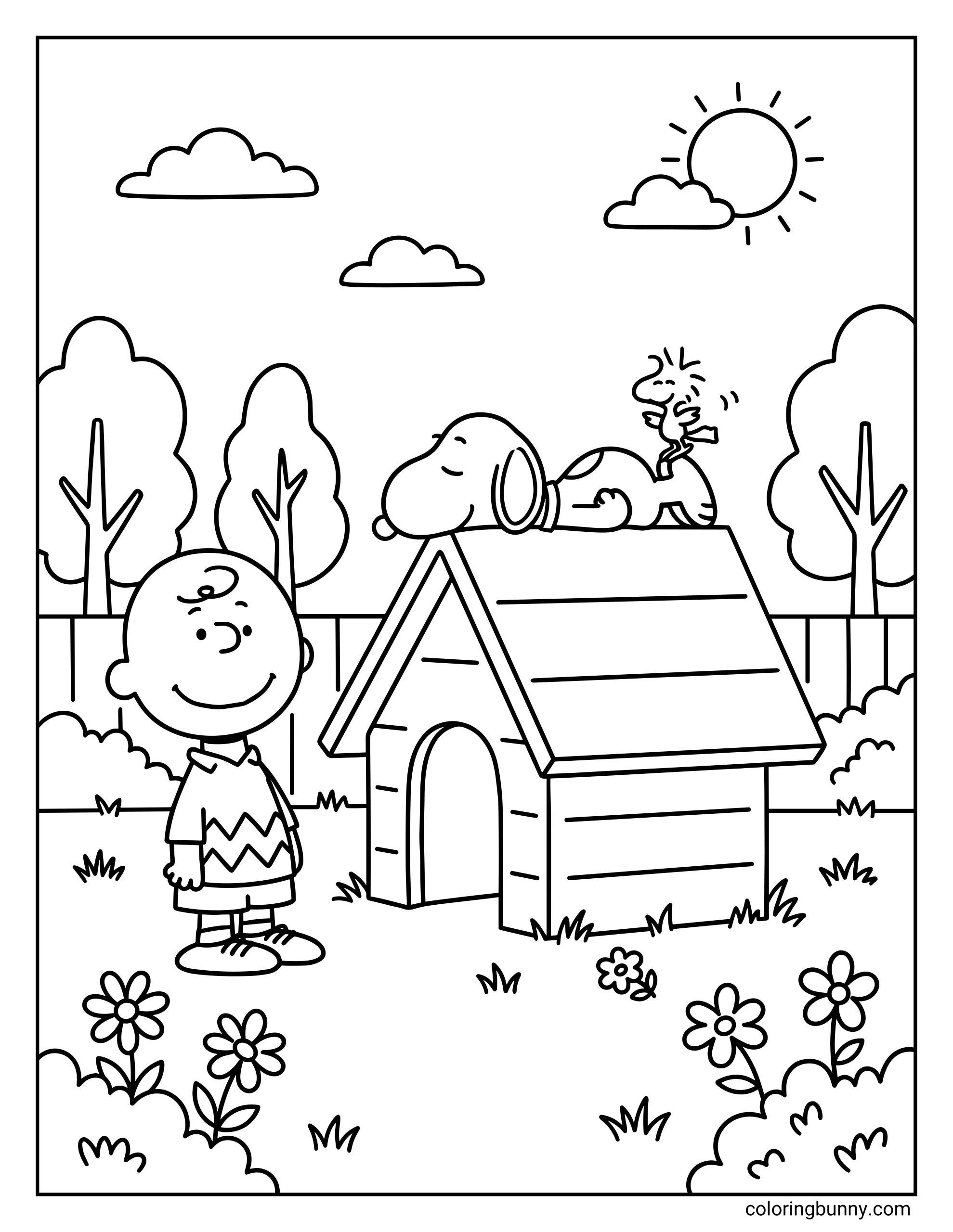 Snoopy coloring page featuring the Peanuts characters Snoopy, Charlie Brown, and Woodstock in a sunny garden scene, with Snoopy resting on top of his doghouse while Charlie Brown stands nearby.