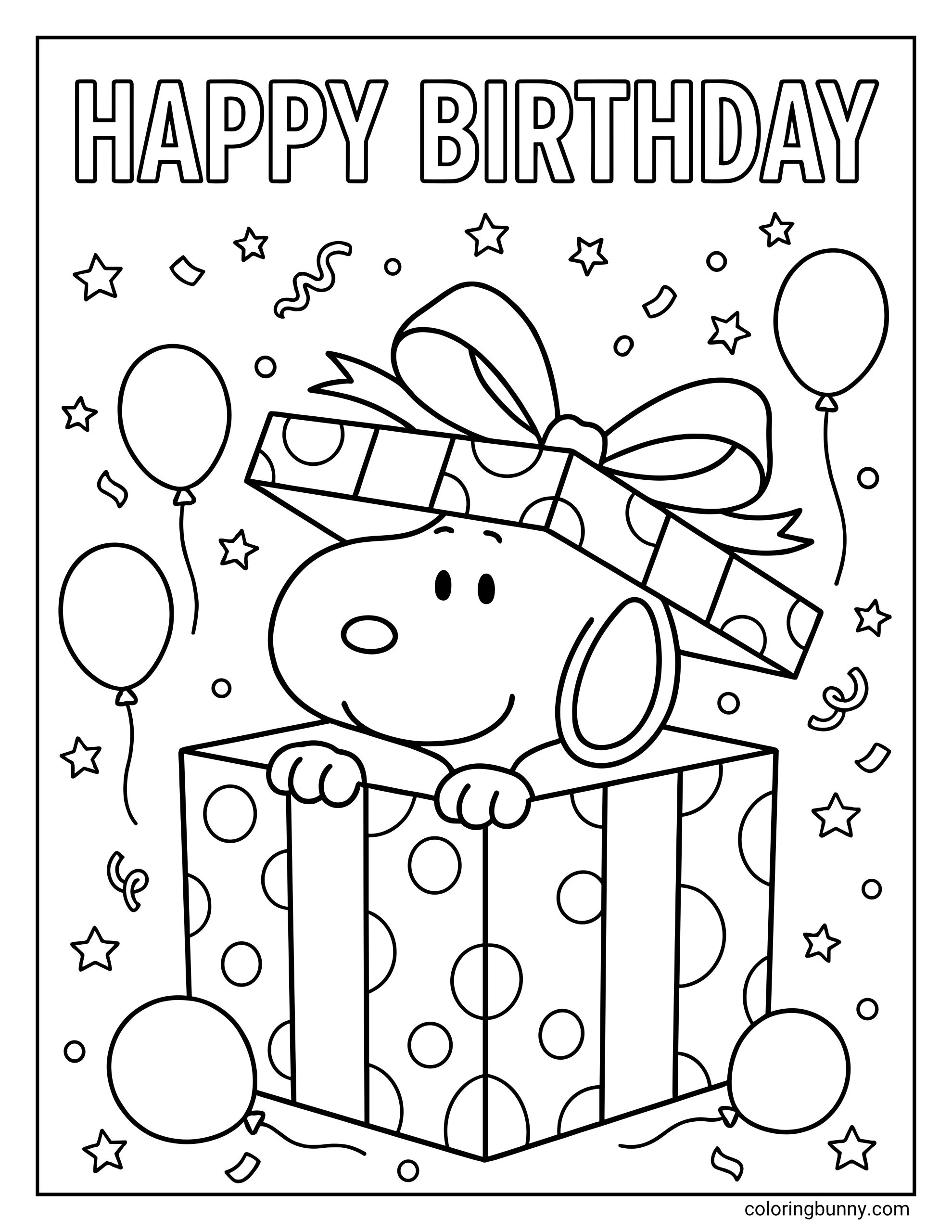 Snoopy Happy Birthday surprise coloring page showing the Peanuts character popping out of a decorated present box, with a bow-topped lid, balloons, stars, streamers, and confetti across the page.