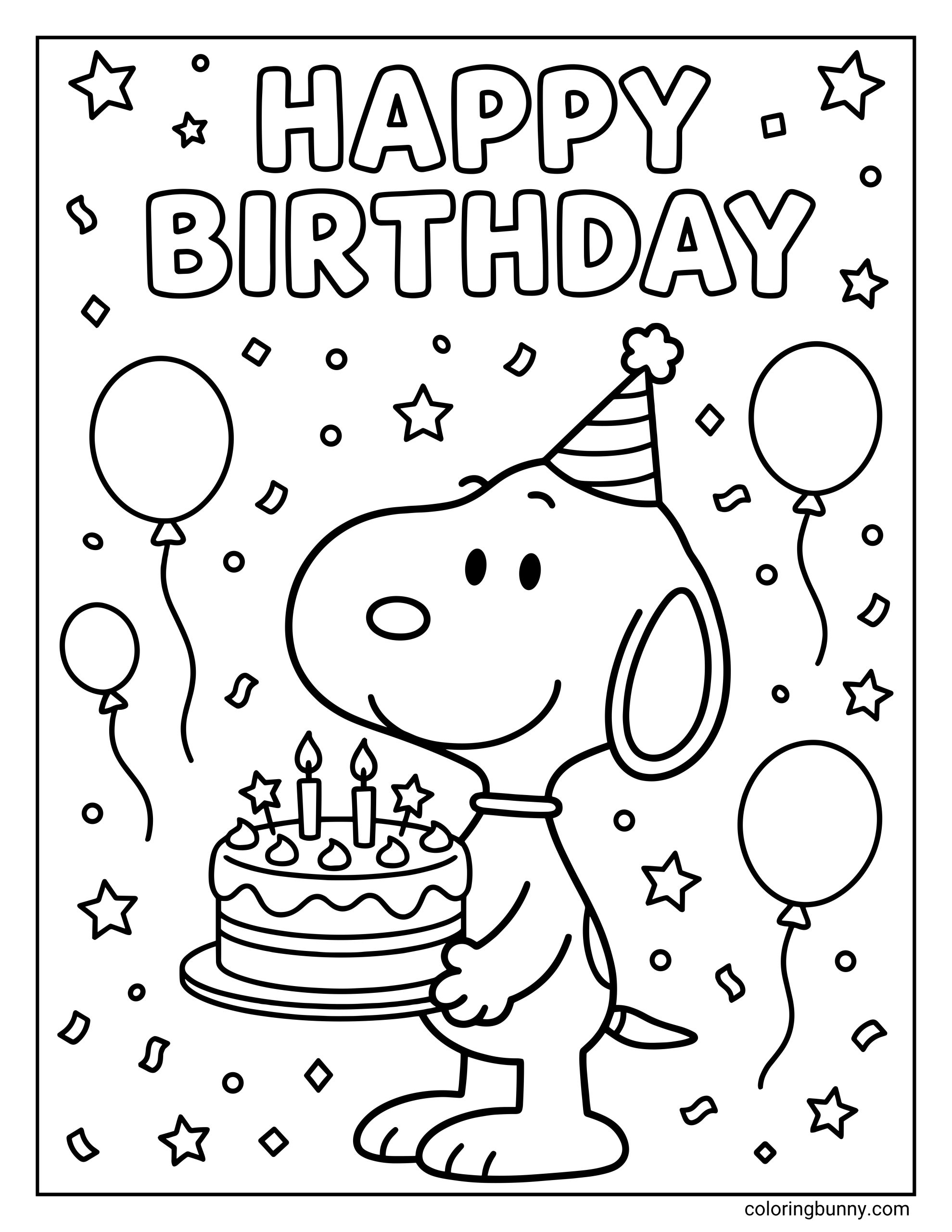 Snoopy Happy Birthday coloring sheet showing Snoopy wearing a party hat and holding a birthday cake with two candles, surrounded by balloons, stars, confetti, and the words “HAPPY BIRTHDAY” at the top.
