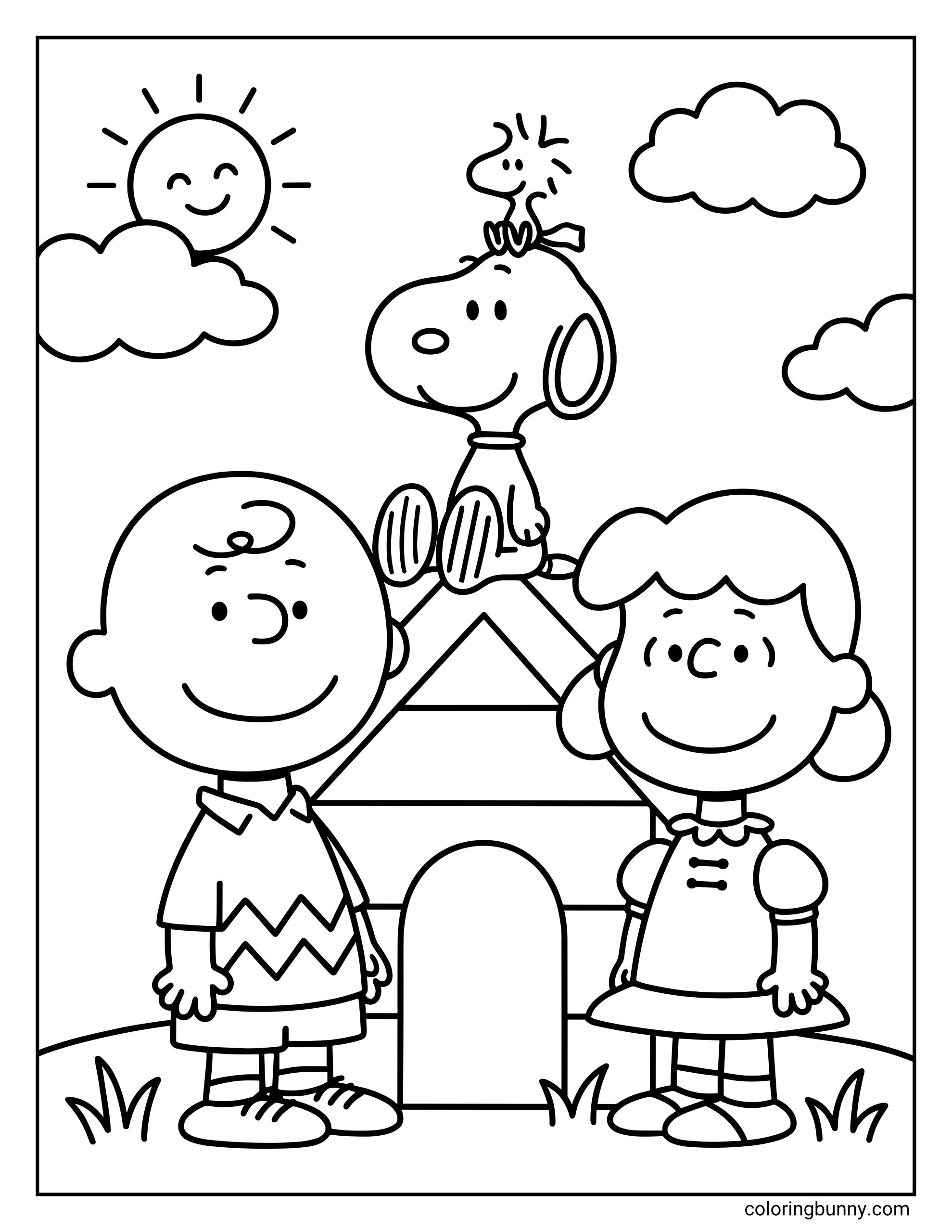 Snoopy, Woodstock, Charlie Brown, and Lucy coloring page showing the Peanuts characters gathered around Snoopy’s doghouse in a simple outdoor scene with clouds and sunshine.
