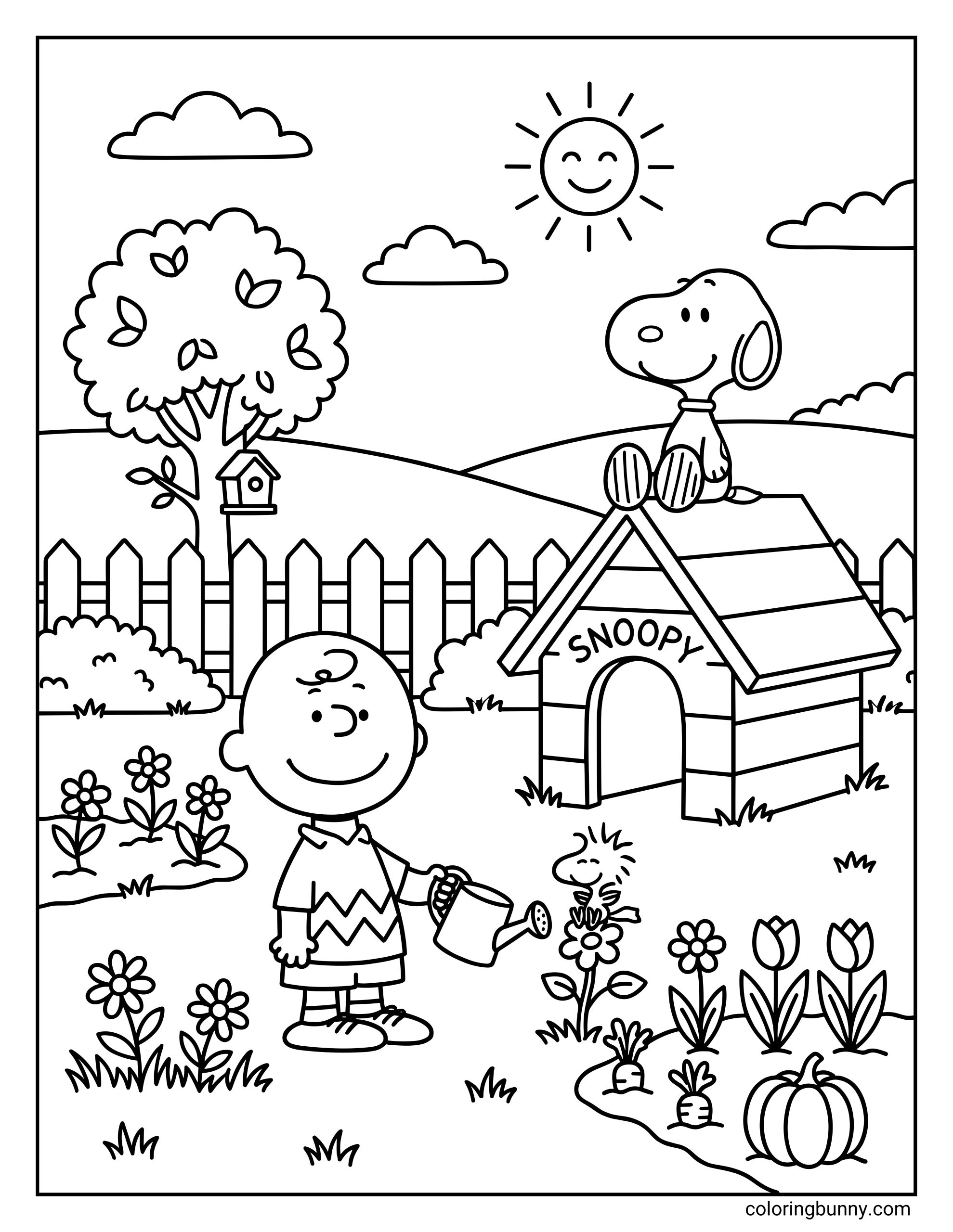 A simple coloring sheet of Snoopy, Charlie Brown, and Woodstock from Peanuts in a backyard garden, with a fence, trees, flowers, tulips, carrots, a pumpkin, and Snoopy seated on top of his doghouse.