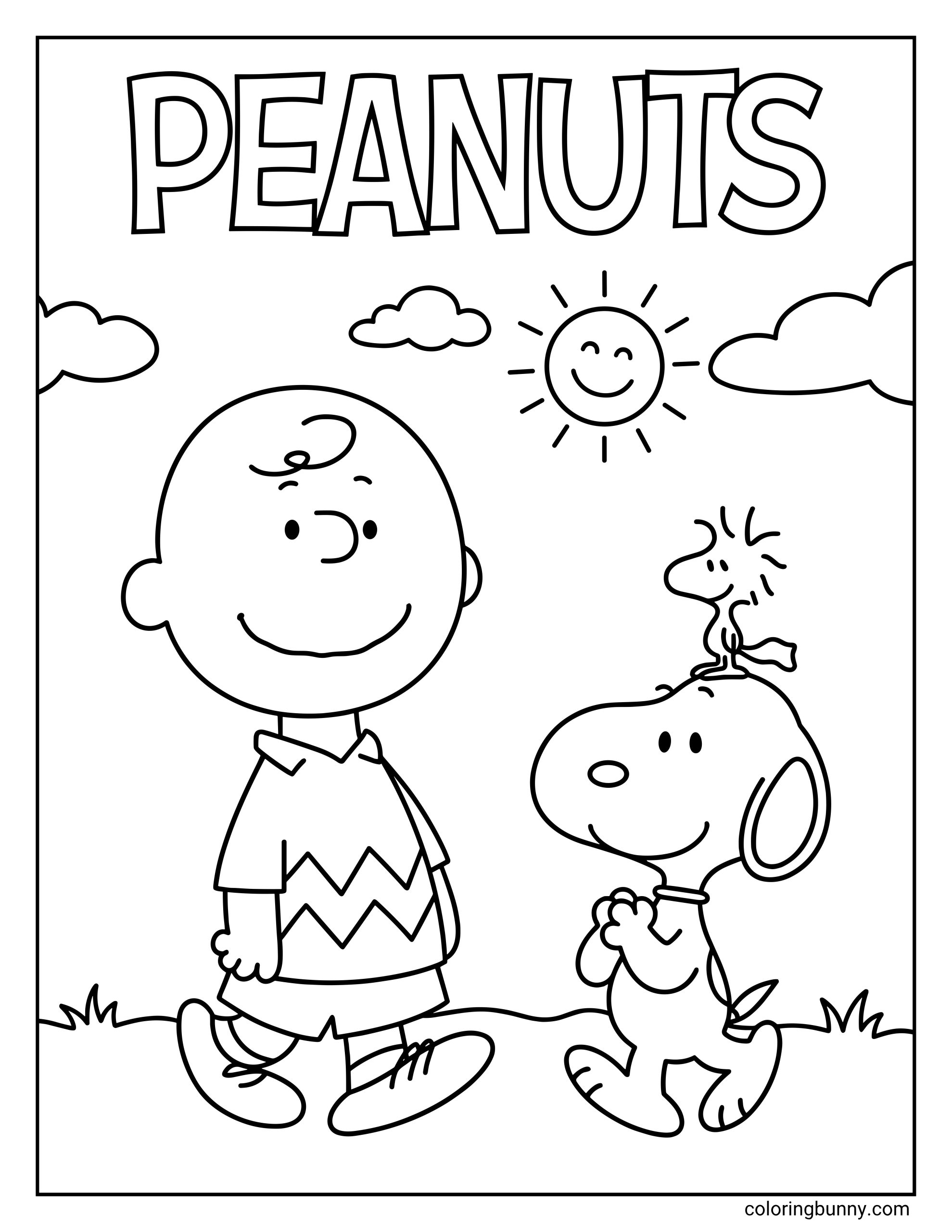 Peanuts coloring page showing Charlie Brown standing beside Snoopy while Woodstock sits on Snoopy’s head, with clouds, a smiling sun, grass, and the title “PEANUTS” above.