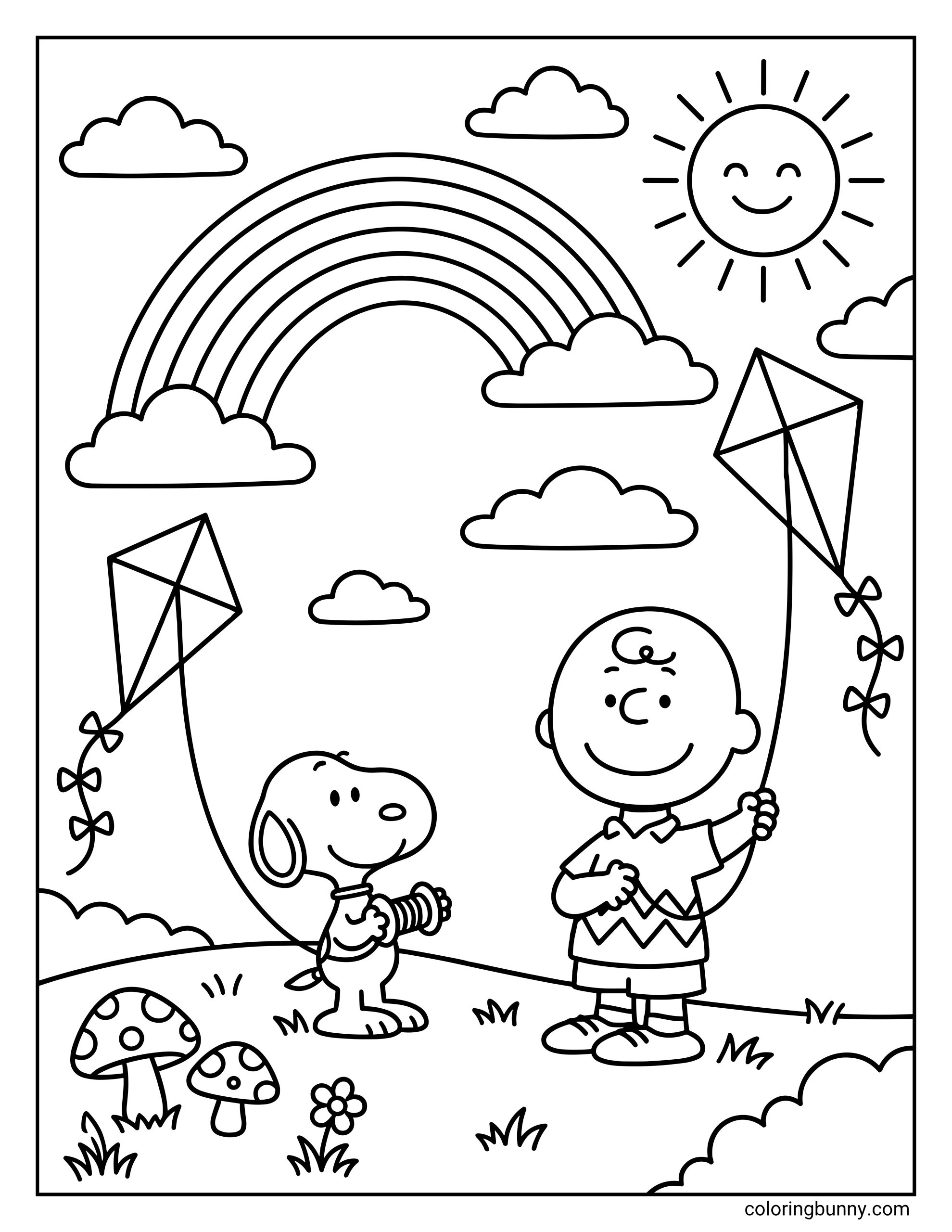 A kids coloring page of Charlie Brown and Snoopy outdoors with kites, featuring a rainbow overhead, a smiling sun, several clouds, grass, flowers, mushrooms, and two flying kites with bows on the tails.