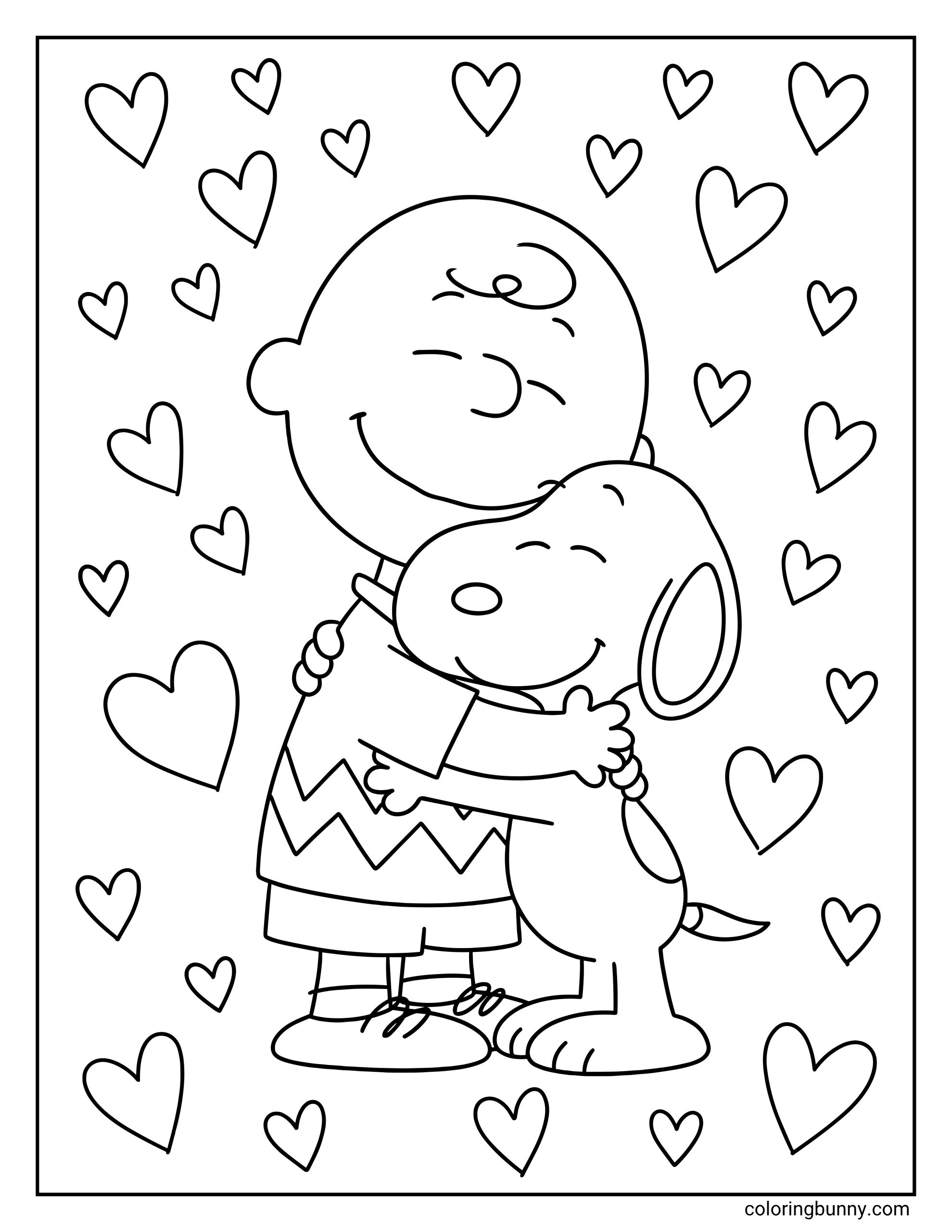A coloring page of Peanuts characters Charlie Brown and Snoopy hugging with smiling faces, while heart shapes fill the background around them.